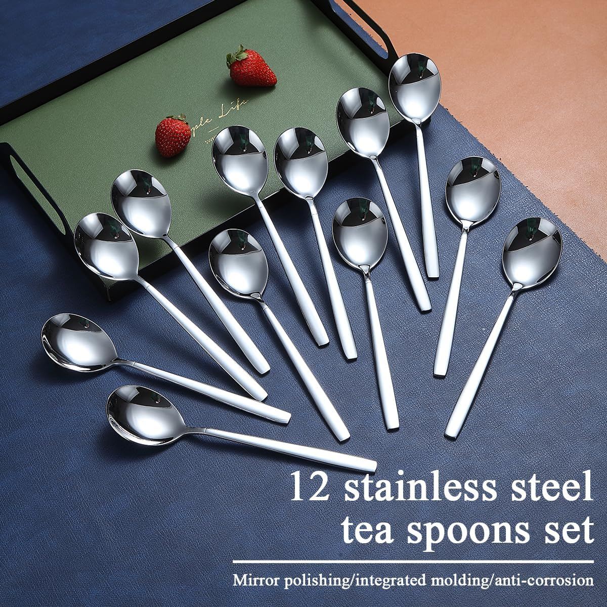 Berglander Silver Teaspoon Set of 12, Shiny Stainless Steel Polished Teaspoon Cutlery, Teaspoon Small Dessert Spoon, Dishwasher Safe image number 1