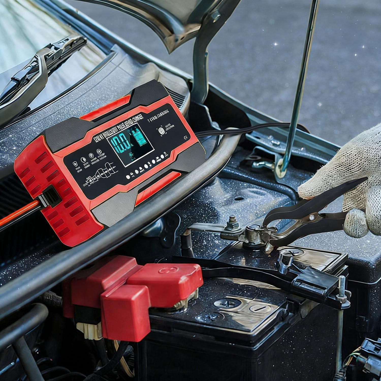 10A Battery Charger, 12V/24V Automatic Charger with 7-Stage Charging, LCD Screen, for AGM, WET & GEL Lead Acid Batteries image number 3