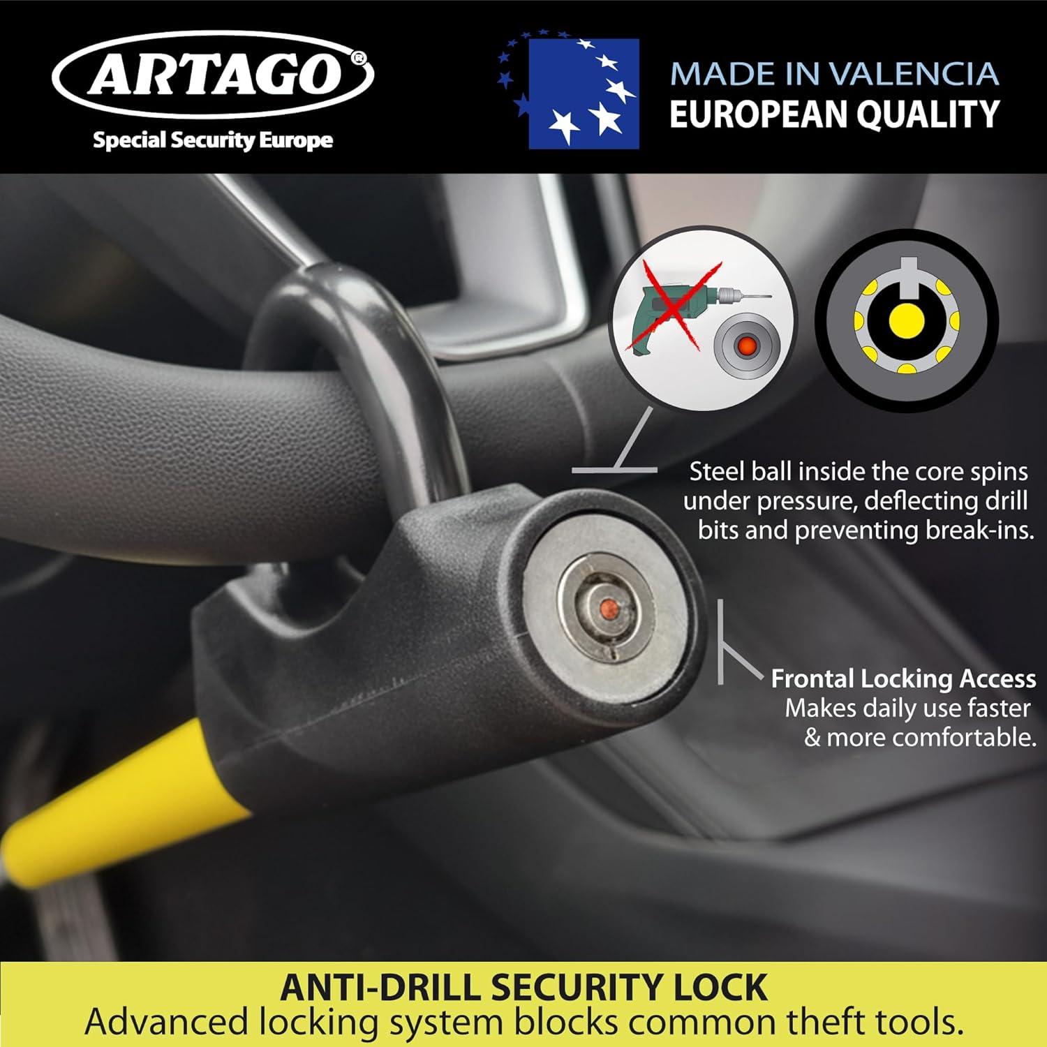 ARTAGO 871 High-End Steering Wheel Brake Pedal Lock, Stronger Rocking Locking, Easy Hook System, High Security Anti-Drill Lock, Universal Clutch anti Theft Bar Lock Device for Car Truck Van, Camper image number 2