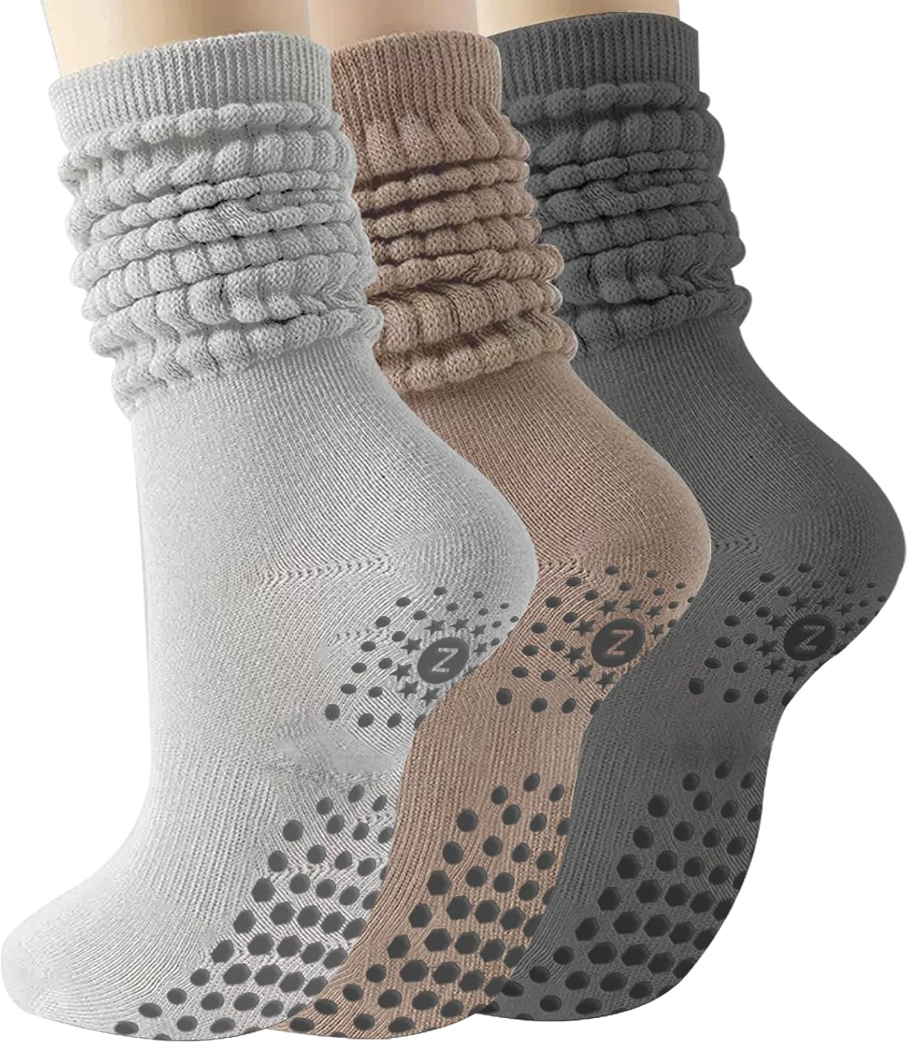 ZANZER (3 Pairs) Scrunch Pilates Grip Socks for Women, Yoga Slouch Socks with Grip for Barre Workout Hospital Dance Gym Exercise,Long Scrunch Slipper Socks