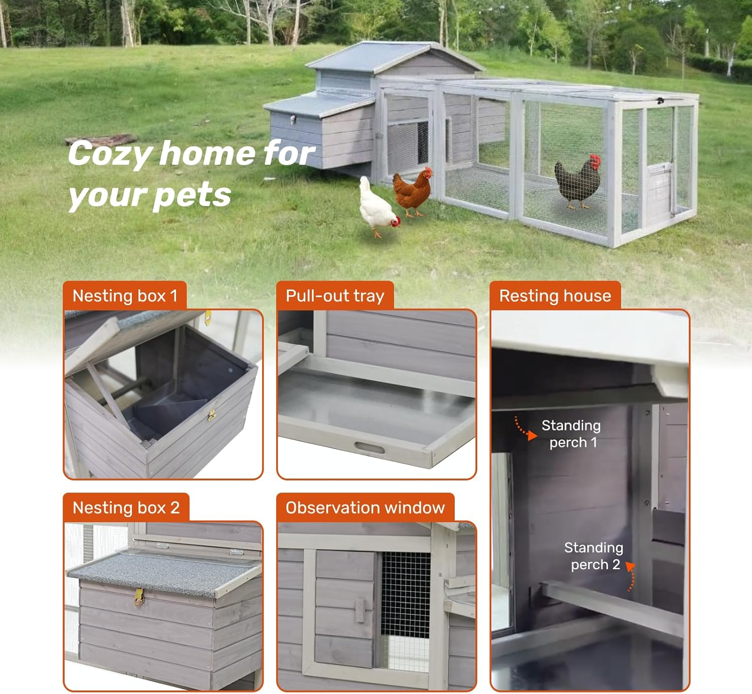 Samland Wooden Chicken Coop with Run, Outdoor Waterproof Hen House for Multiple Chickens, Durable Backyard Poultry image number 4