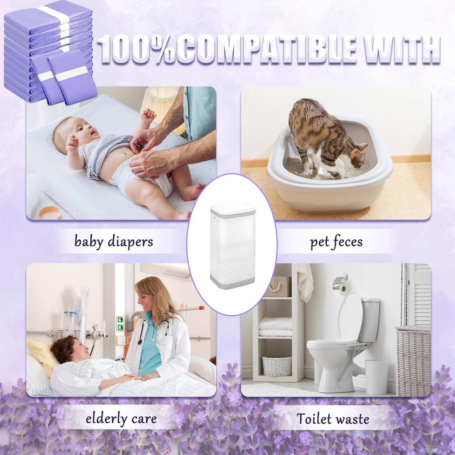Diaper Pail Refill Bags Compatible with Korbell 16L Nappy Disposal Bin Liners &ndash; 10M per Bag, Odour & Bacteria Lock, Lightly Scented Powder Fresh, for Baby & Adult Use, Purple(4Pc) - 4Pc Purple image number 5