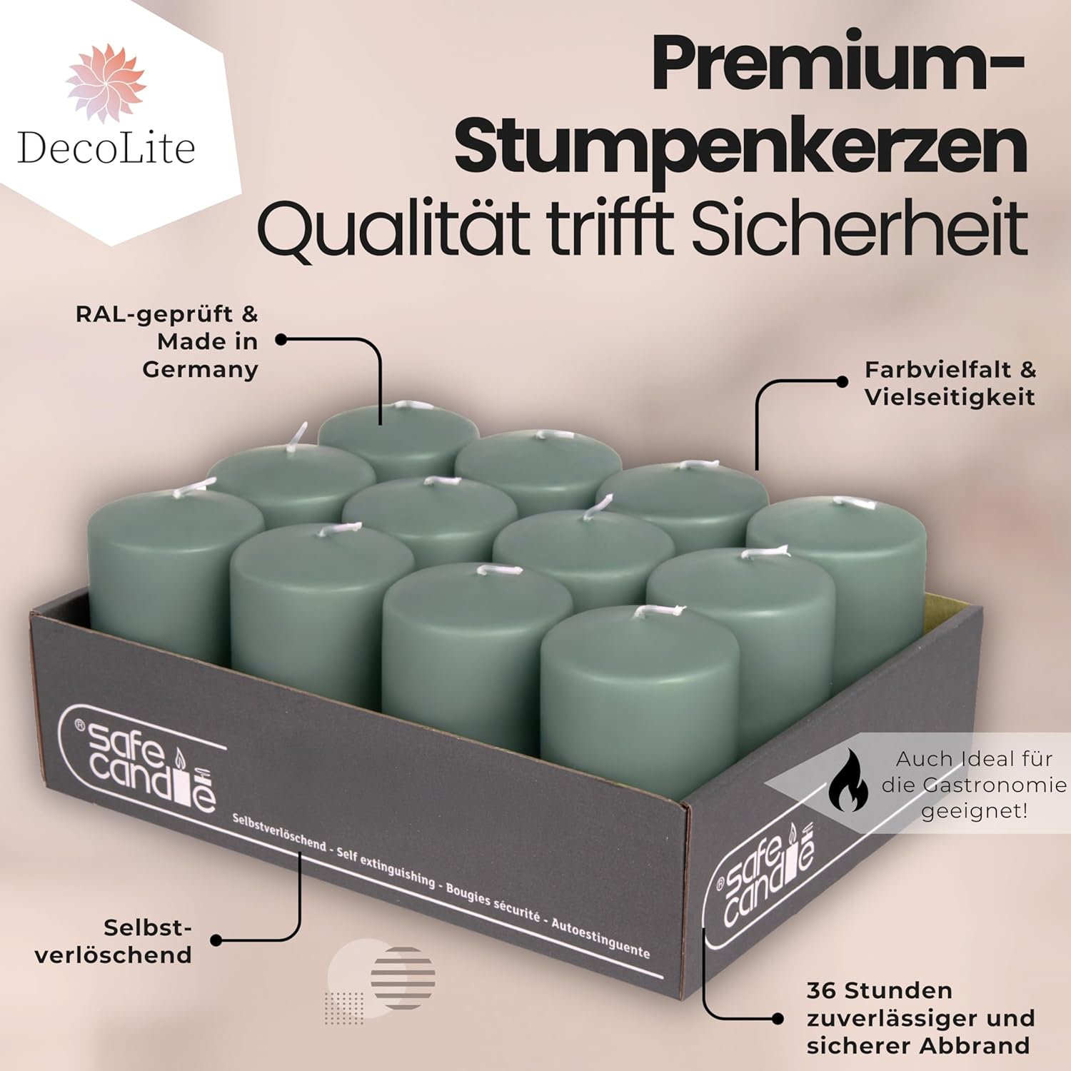 Decolite Wenzel Candles 100/60 Mm Pack of 12 &ndash; Self-Extinguishing, Safe Candle, RAL Certified, 36 Hours Burning Time &ndash; 100% Made in Germany by Wenzel Candles (Emerald) - Antique Pink image number 5
