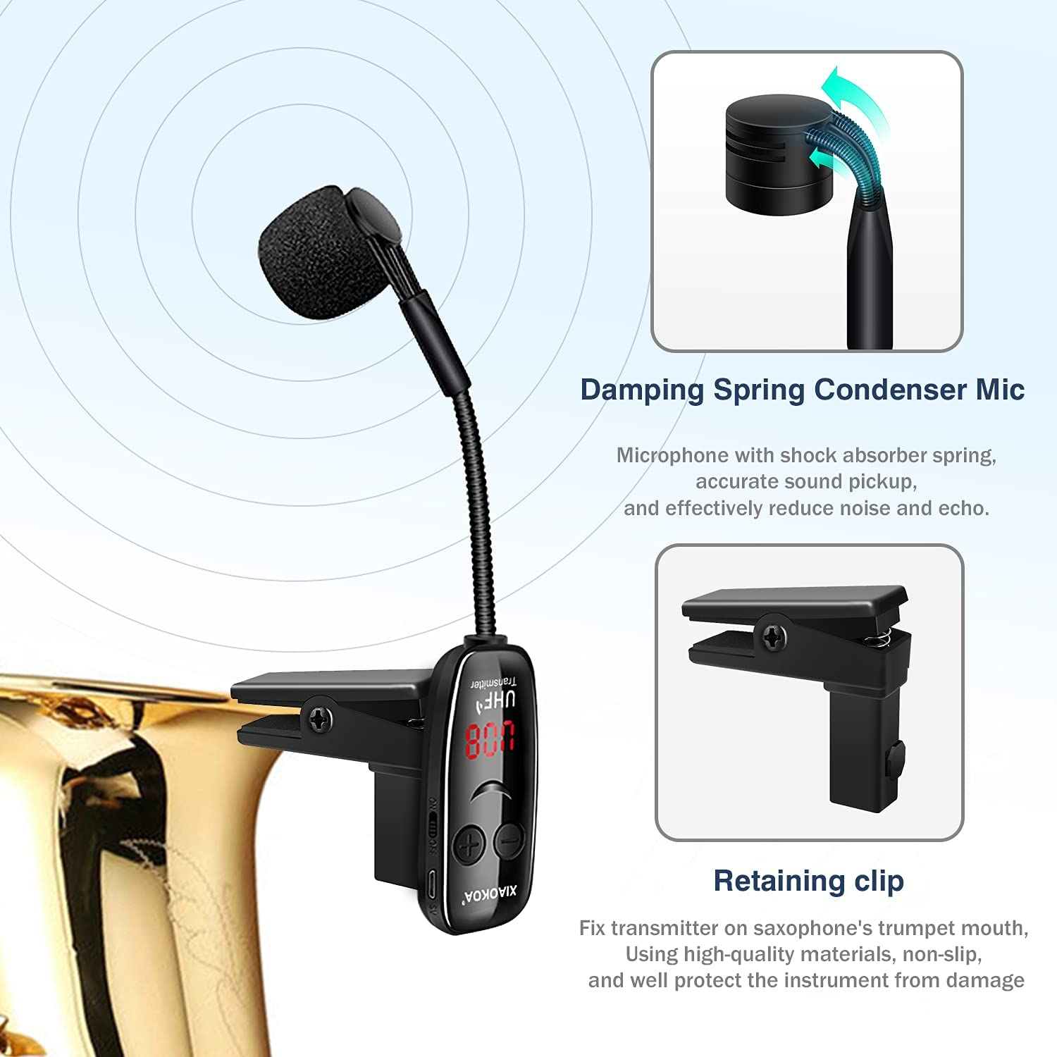 XIAOKOA UHF Wireless Instruments Microphone,Saxophone Microphone,Wireless Receiver and Transmitter,160Ft Range,Plug and Play,Great for Trumpets, Clarinet, Cello image number 3