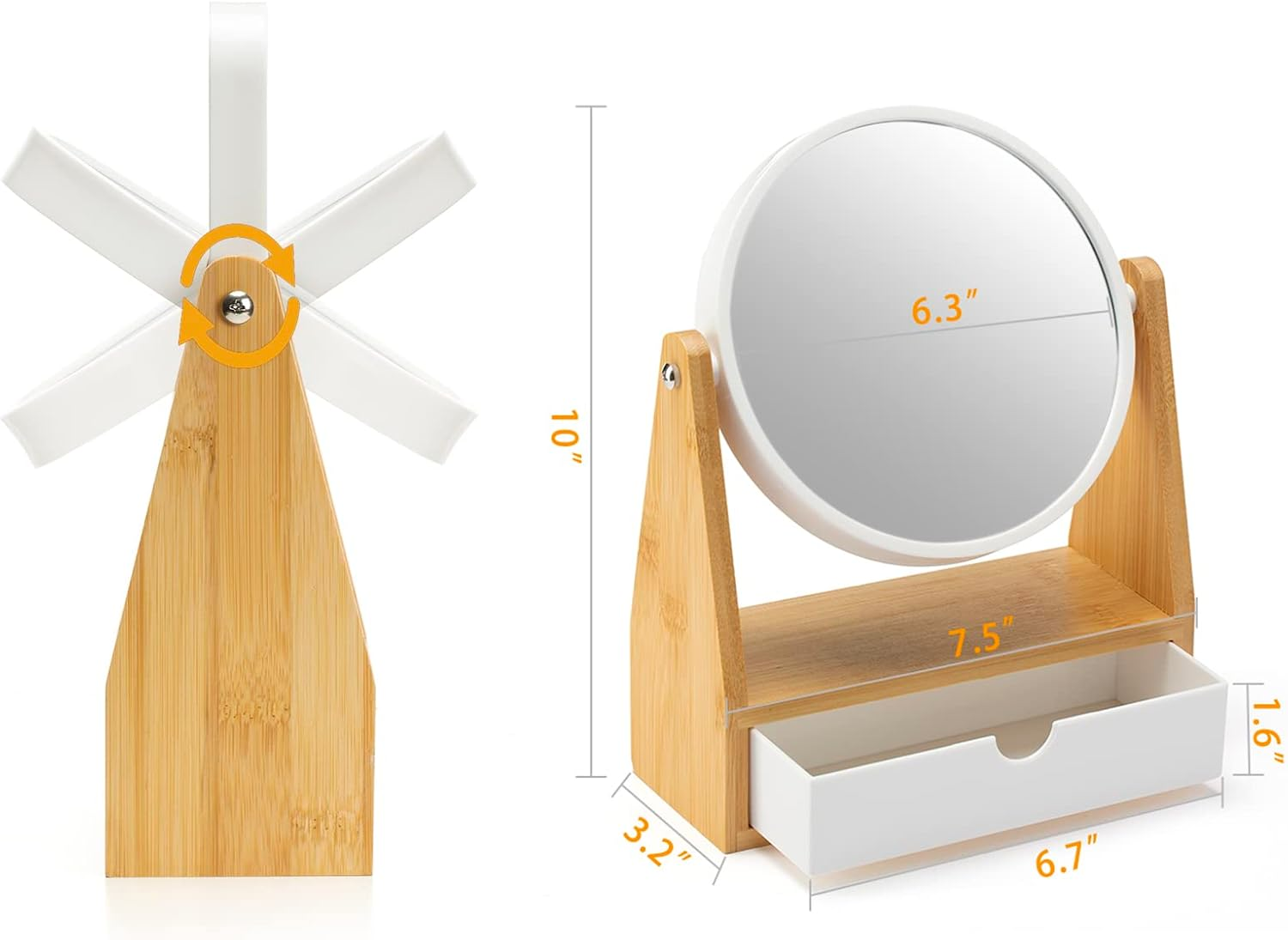 YEAKE Vanity Makeup Mirror with Natural Bamboo Stand, 10"L X 7.5"W, 1X/3X Double Sided Magnifying Mirror with Drawer, Portable Tabletop Mount, Bathroom Shaving Mirror (Round) image number 5