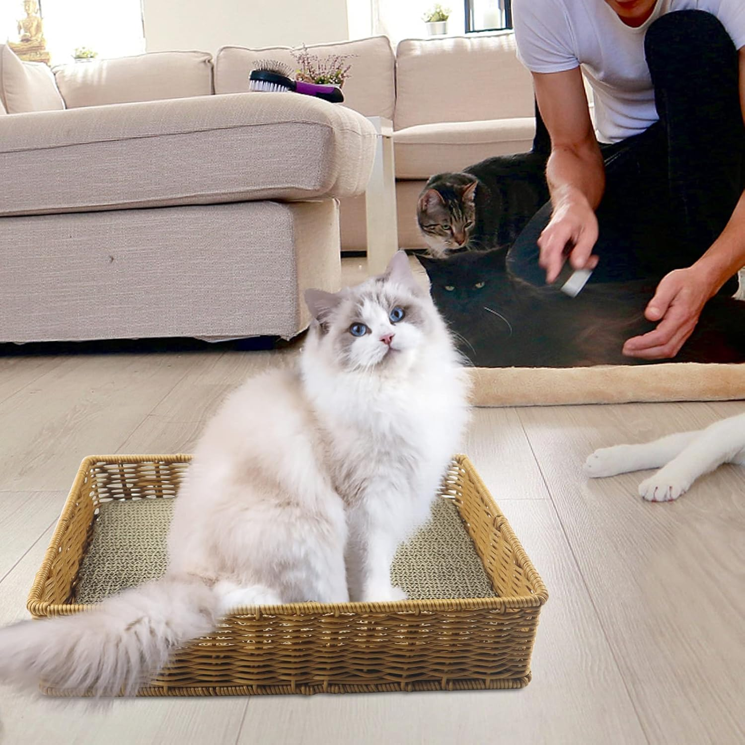 LELE LIFE Pack of 3 Cat Scratchers with Sturdy Lounge Basket, Double-Sided Cat Scratching Pad, Cardboard Scratching Board, Cat Scratching Board Post, Cat Scratcher for Indoor Cats image number 3