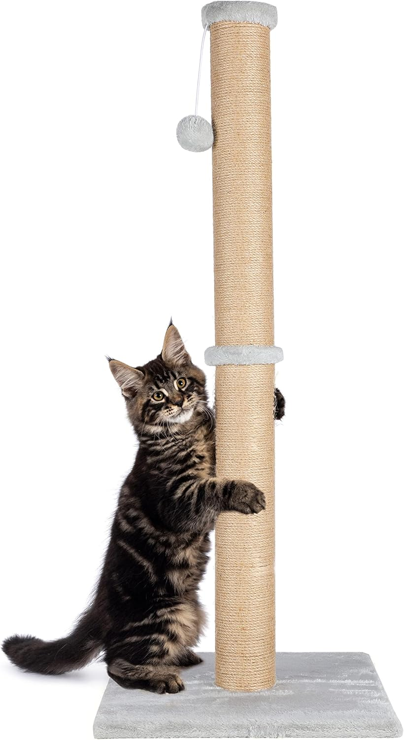 Fluffydream 37'' Cat Scratching Post, Natural Sisal Rope Scratcher with Dangling Teaser Ball and Covered with Soft Plush for Kittens and Adult Cats, Sand Color (Cat Tree 37")