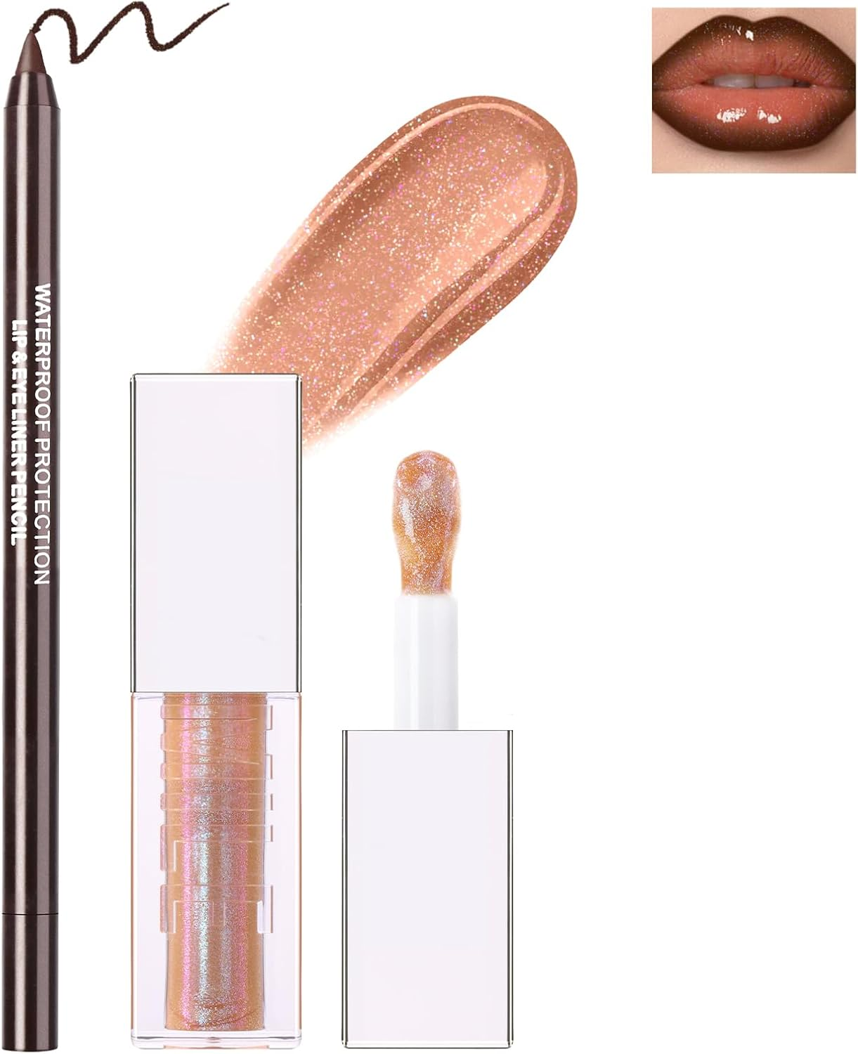 Noerrors Brown Lip Gloss Liner Set Glitter Shimmer Nude Lip Combo Gradient Plumping Glossy Lip Oil Moisturising Large Brush Lipstick Shiny Glow Lip Makeup image number 2