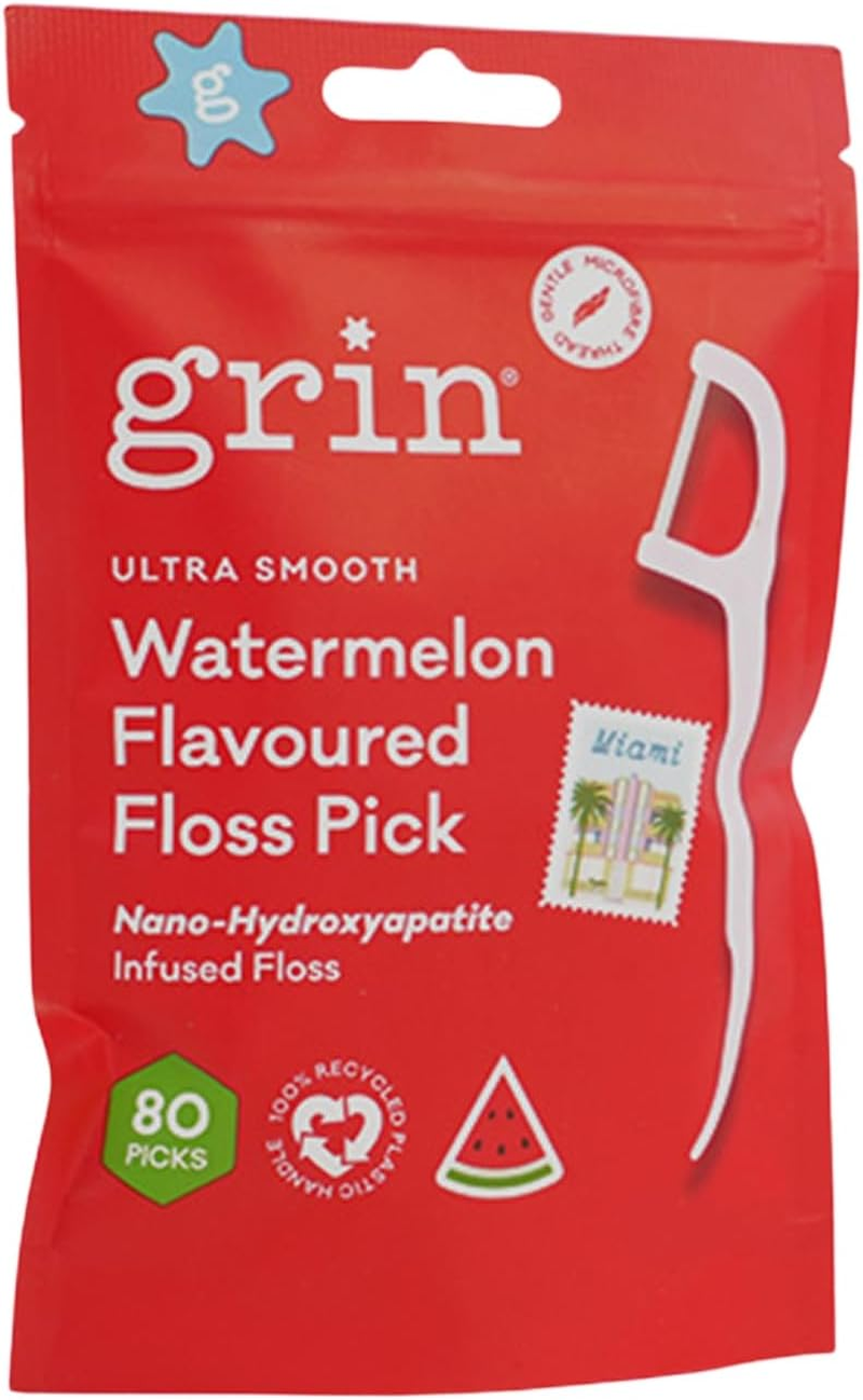 Grin Ultra Smooth Watermelon Flavoured Floss Picks, 80 Pack, Nano-Hydroxyapatite Infused, 100% Recycled Plastic Handle, Premium UHMW PE Floss image number 2