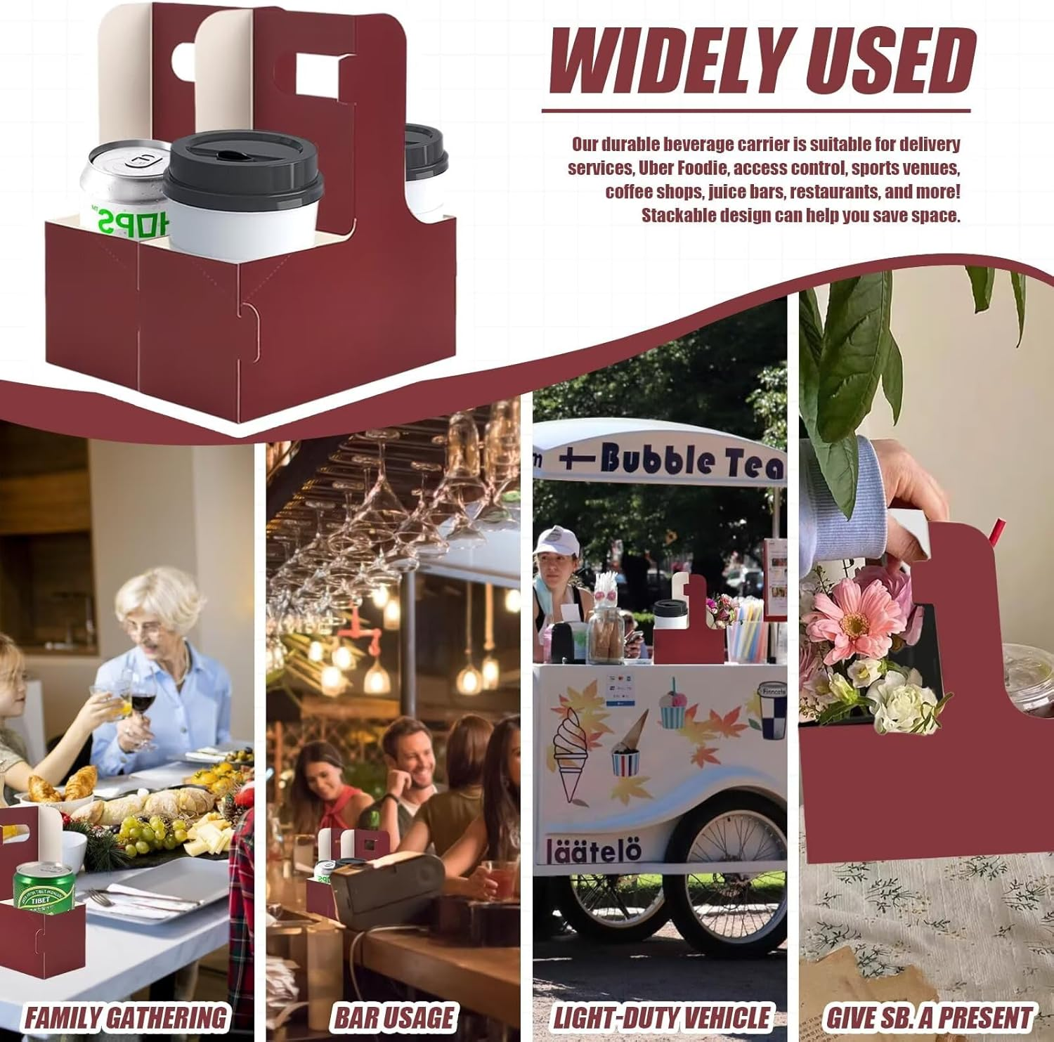 2Cup Cardboard Cup Holder, Disposable Drink Carrier for Delivery with Handle, Coffee and Drinks Take Out Cup Carrier. (Red，15Pcs) image number 3