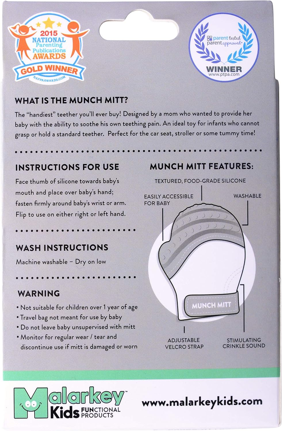Malarkey Kids Munch Mitt Sensory Teething Mitten, Grey Stars