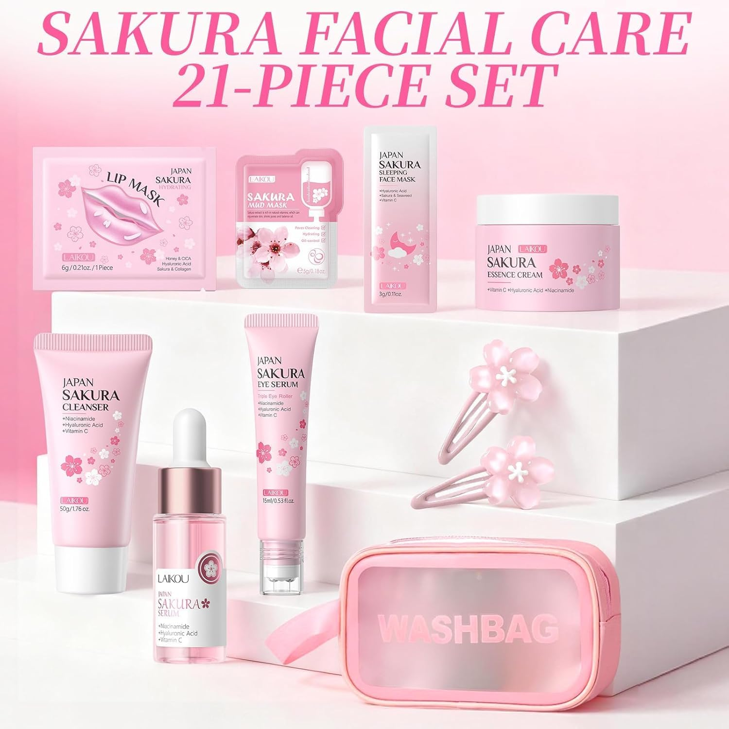 21 Piece Japan Sakura Skin Care Set for Teenagers, Sakura Face Care Set, Moisture Skincare, Anti-Ageing Face Care Set, Gift Teenager Girls, for Teenage Girls and Women image number 2