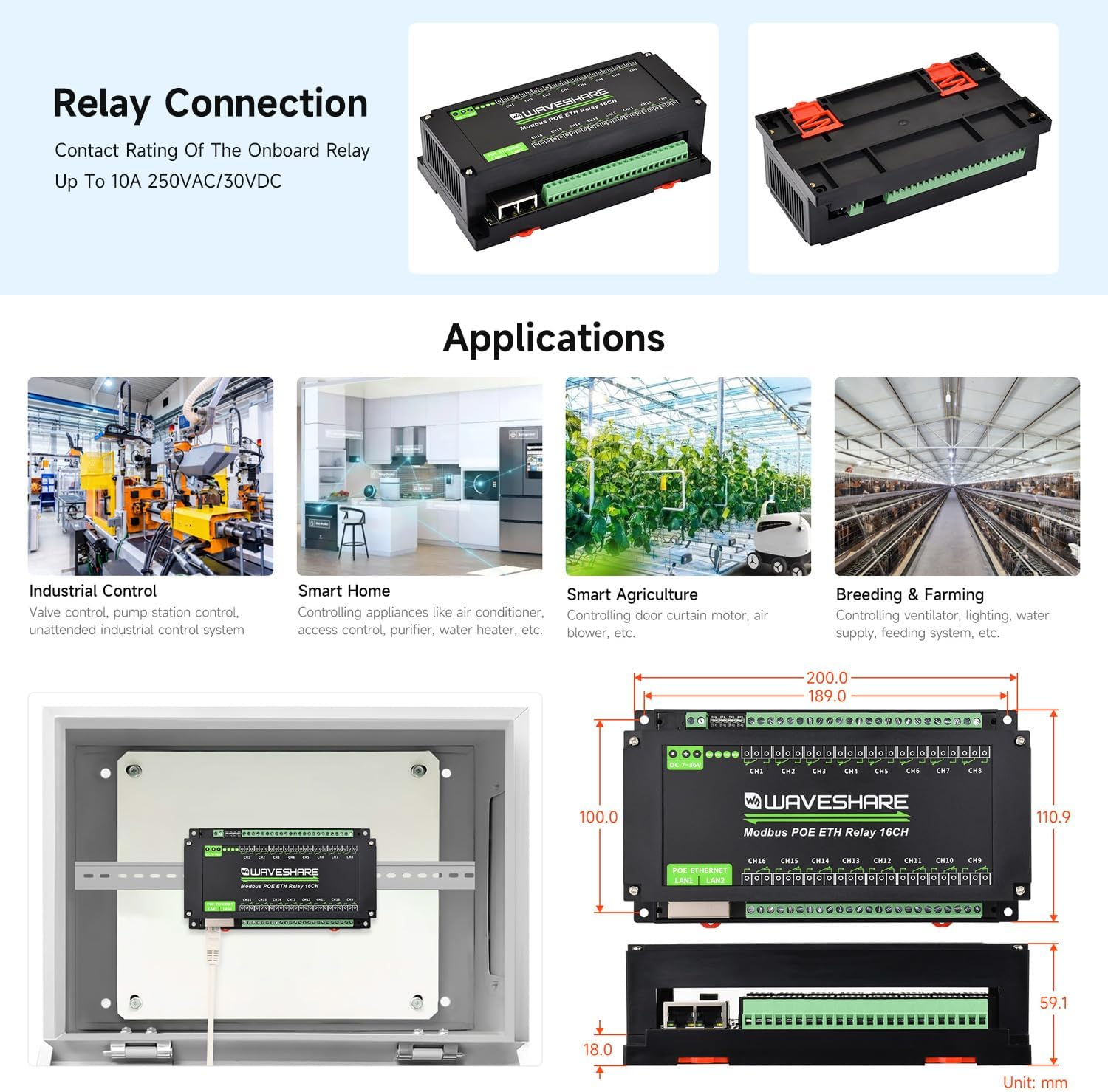 Waveshare 16-Ch Ethernet Module, Modbus RTU/TCP, Ethernet Communication, Support Poe, Various Isolation & Protection Circuits, Industrial Rail-Mount image number 1