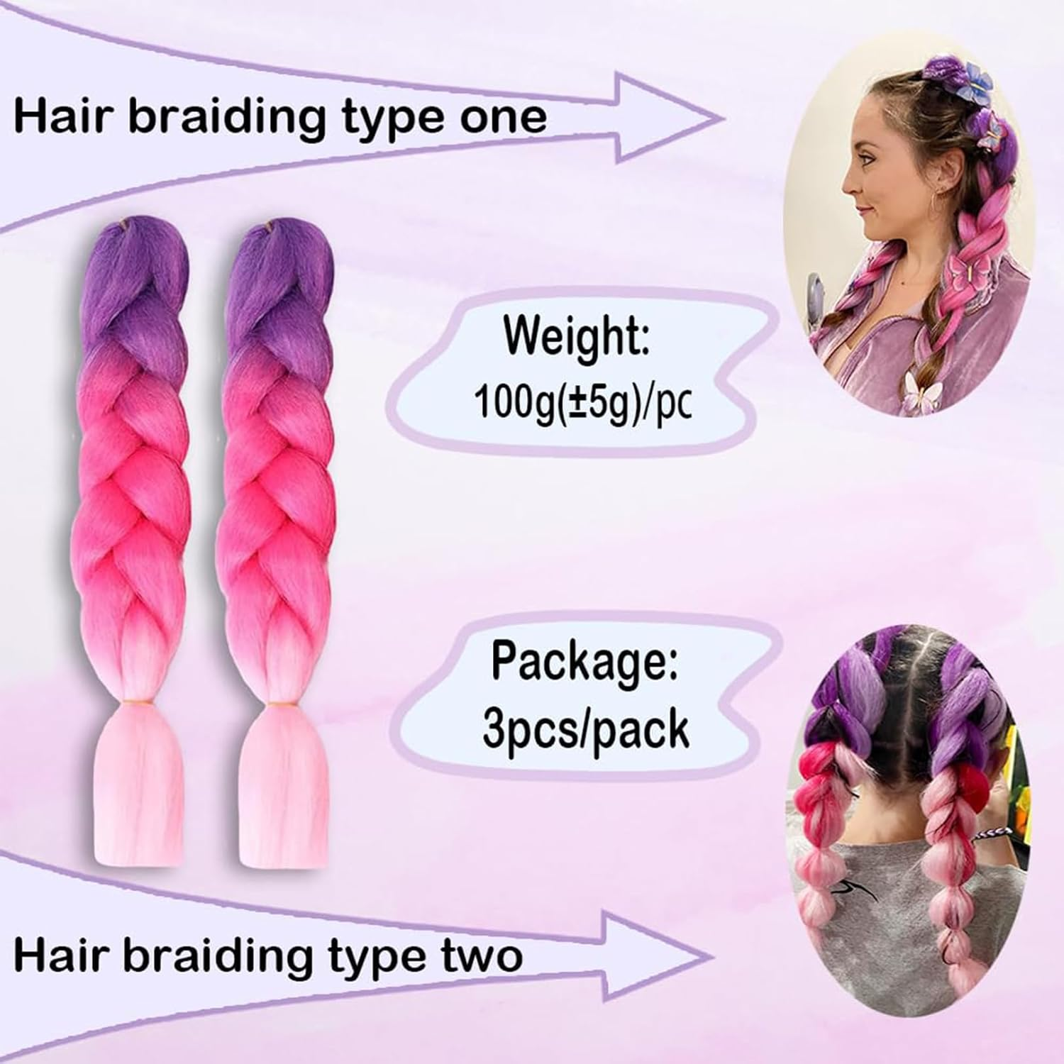 Jumbo Braiding Hair Extensions,24Inch/60Cm 3 Packs High Temperature Fiber Crochet Twist Braids Crochet Braiding Hair Purple/Rose Red/Pink(C6) - A2 image number 3