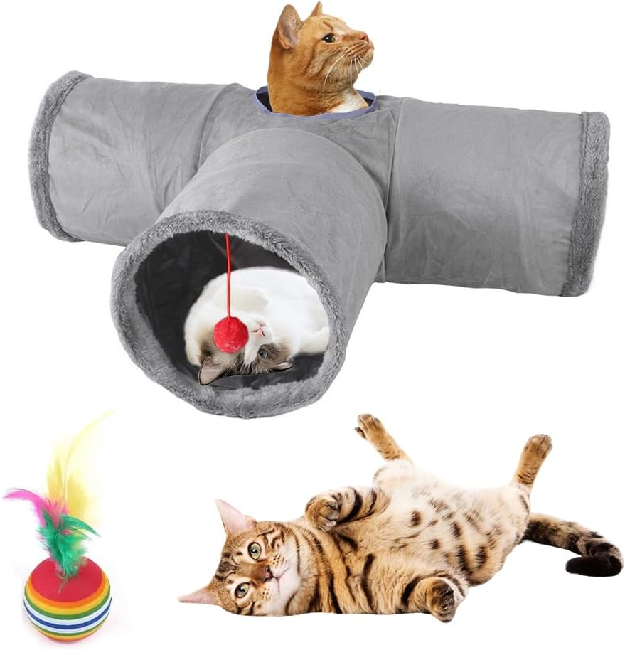 CEWROM Cat Tunnel, 3-Way Foldable Cat Tunnel Cat Toy, T-Shaped Cat Play Tunnel with Ball, Rustling Tunnel for Cats, Rabbits and Guinea Pigs, Grey image number 4