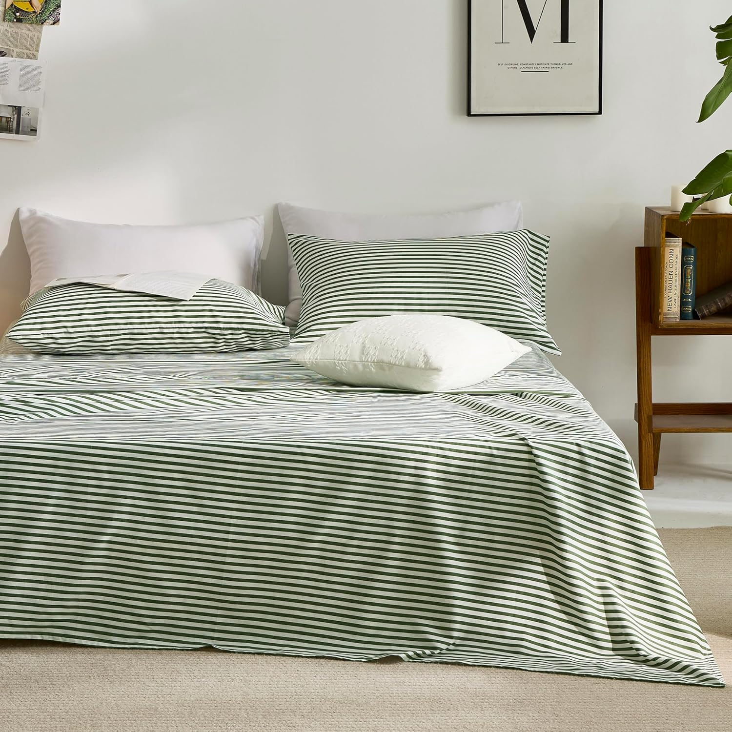 JELLYMONI Striped Sheets Set Queen Size, 4 Pieces 100% Cotton Bed Sheets - 16" Deep Pockets Fitted Flat Sheet & Pillowcase Bedding Set, Ultra-Soft, Machine Washable image number 3