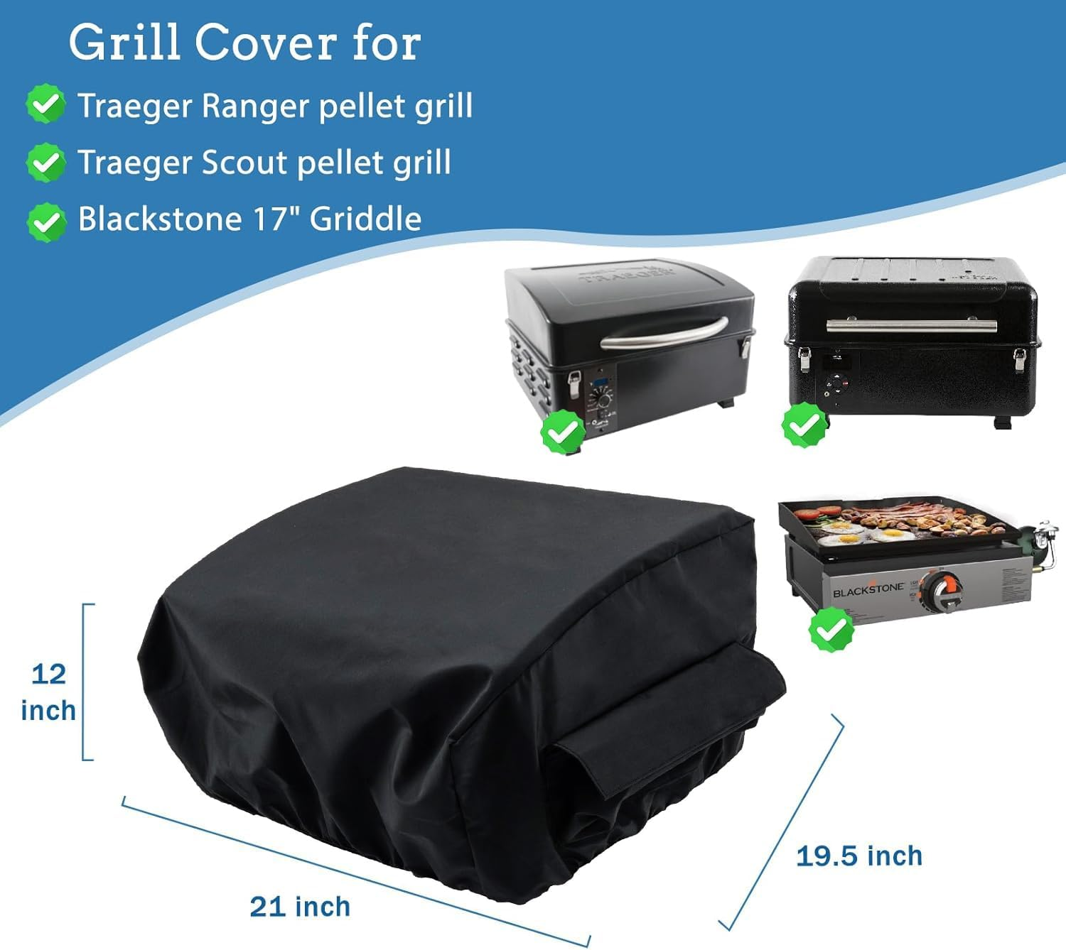 Cover for Traeger Ranger Grill, for Traeger Scout Grill, for Blackstone 17" Griddle, Heavy Duty Portable Griddle Cover Accessories for BAC475 Parts, 21" X 19.5" X 12" image number 2
