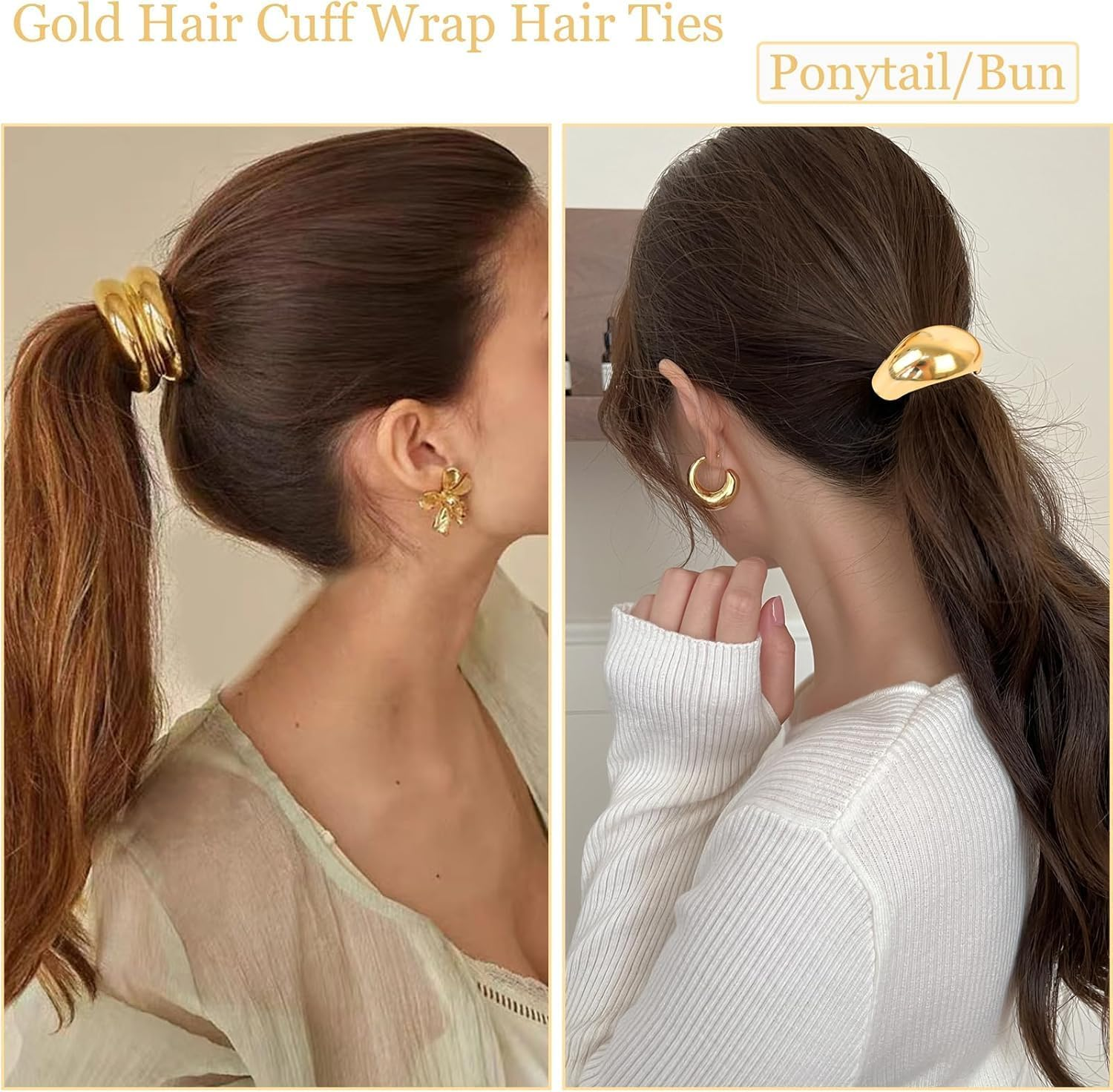 Gold Geometric Hair Ties, 4Pcs Metal Geometric Elastic Hair Ties Gold Hair Cuffs,Metal Hair Tie Ponytail Hair Cuff,Metal Geometric Elastic Hair Ties,Metal Geometric Elastic Hair Ties Gold Hair Cuffs