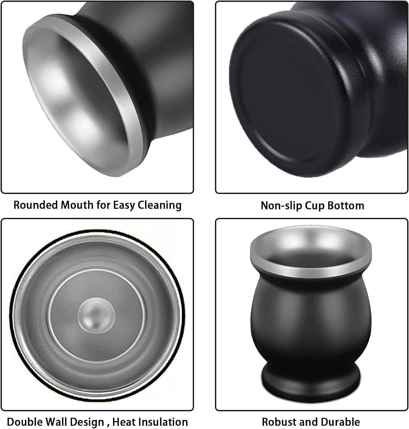 Mate Cup,Yerba Mate Gourd Cup Set, Stainless Steel Double Wall Tea Cup Set Traditional Mate Cup Includes 2 Bombillas Yerba Mate Straws (Black) image number 6