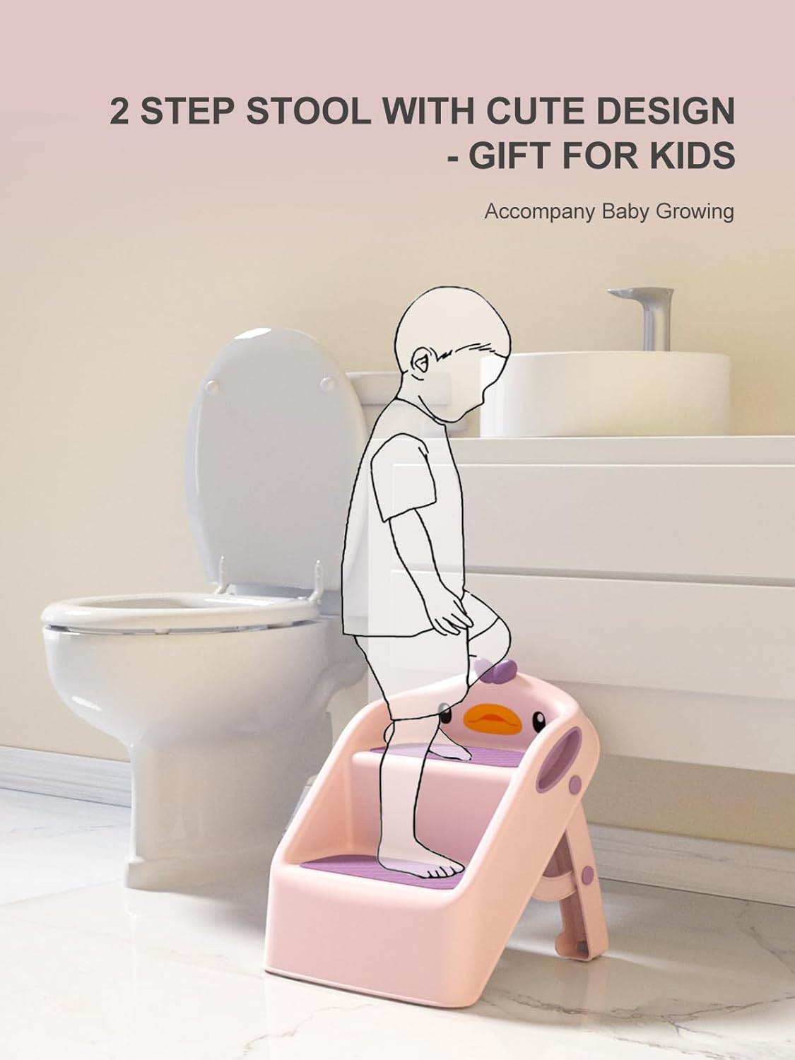 Toddler Step Stool for Bathroom Sink Foldable, Pink, Two Step Stool for Kids Potty Toilet, Cute & Lightweight & Folding Gift to Give Steping Stool for Todders 1-3, 11" 2 Steps & 4" Child Back Support image number 3