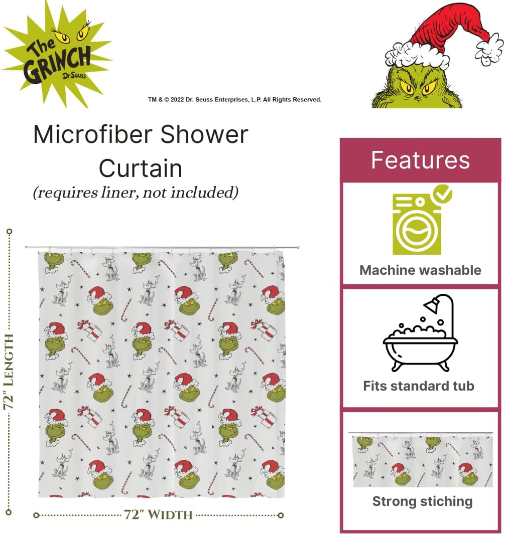Franco Grinch Holiday Christmas Bath Microfiber Shower Curtain, 72X72, (Officially Licensed Product) image number 6