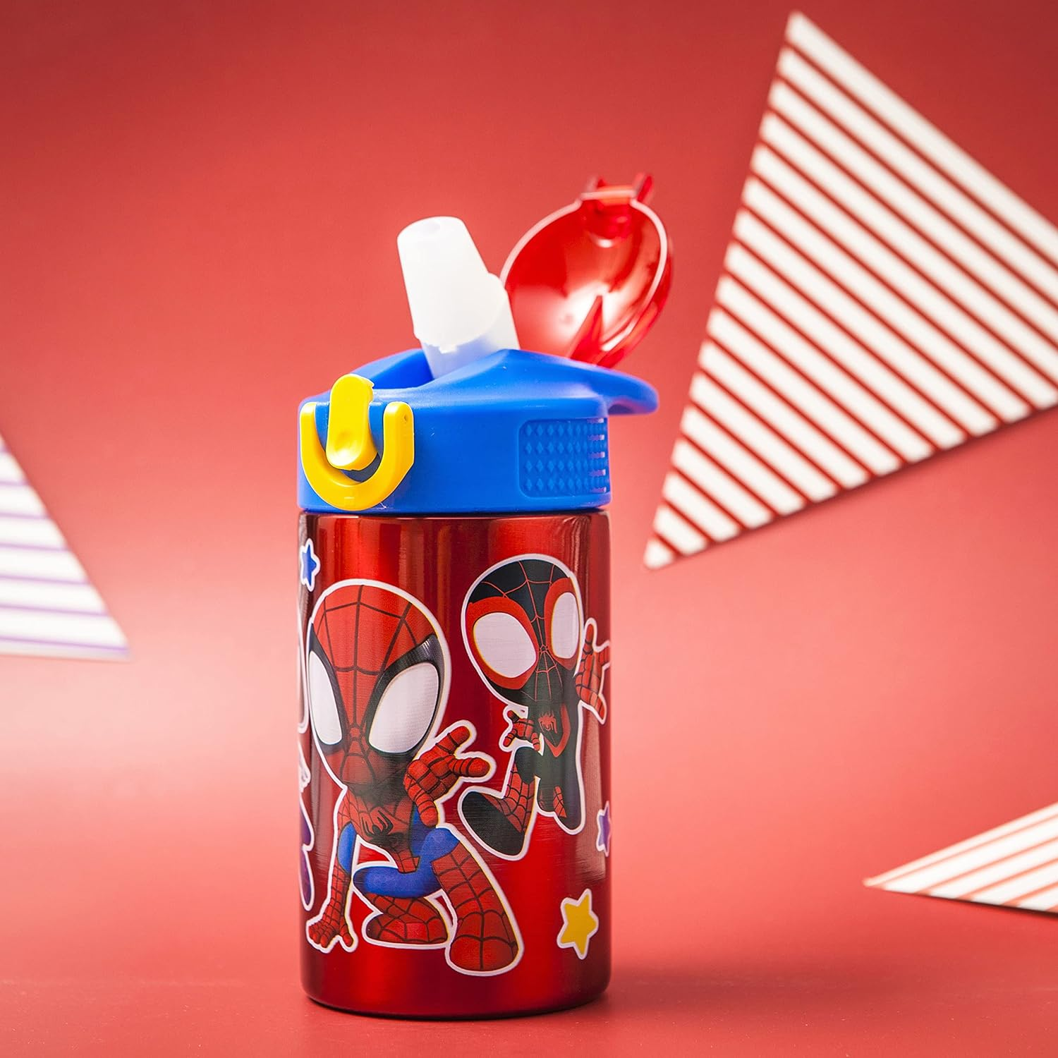Zak Designs Marvel Spider-Man 18/8 Single Wall Stainless Steel Kids Water Bottle, Flip Straw Locking Spout Cover, Durable Cup for Sports or Travel (15.5Oz, Non-Bpa, Spidey and His Amazing Friends) image number 3