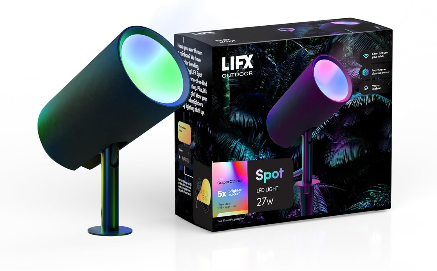 LIFX Supercolour Outdoor Spot Garden Light 1600 Lumens, Wi-Fi Smart LED, IP66 Rated Weatherproof, (Power Supply Not Included), Alexa, Google, Homekit Compatible. image number 2