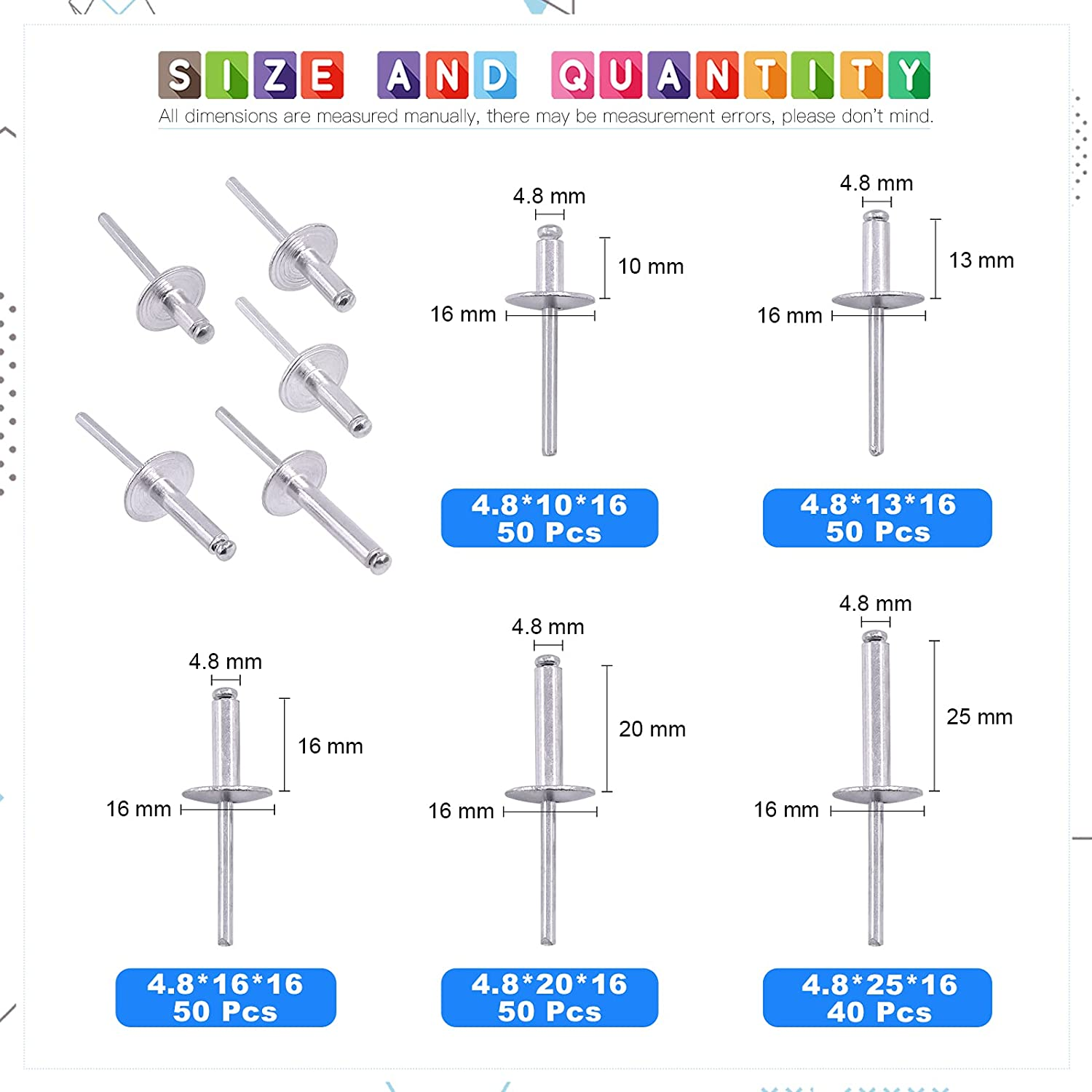 Glarks 240Pcs 3/16" X 3/8'' / 1/2'' / 5/8'' / 3/4'' / 1'' Large Flange Blind Rivets 5 Szie Aluminum Pop Rivets Assortment Set image number 3