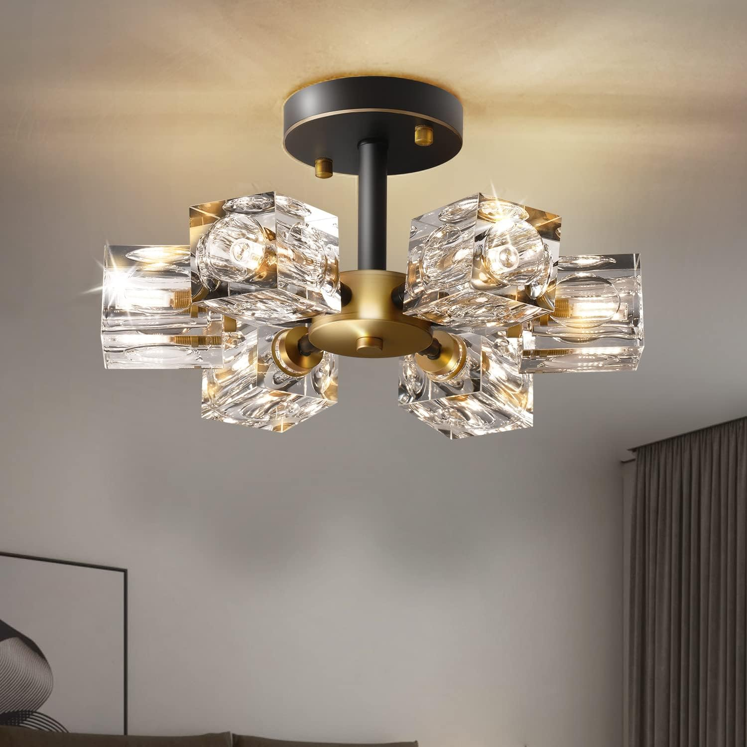Modern Crystal Pendant Light, Black and Gold Linear Chandelier,8-Light Kitchen Light over Island,Dining Room Handing Ceiling Light Fixture for Living Room