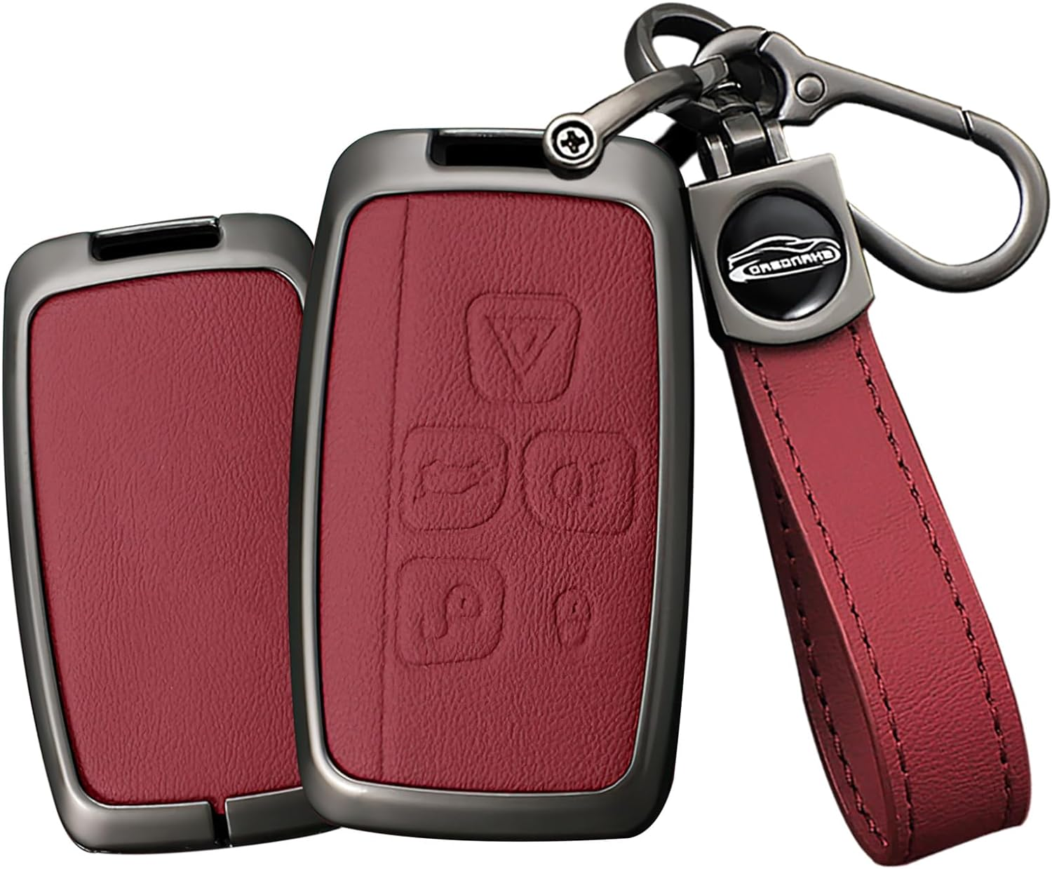 Leather Key Fob Cover with Keychain Metal Key Shell Cover Holder Fit for Evoque Velar Sport Discovery Freelander2 LR4 Sport Jaguar XF XJ XE F-PACE F-Type Smart Key Black