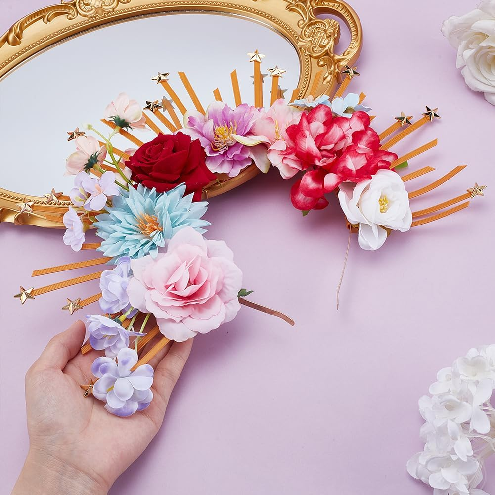HOBBIESAY 1Pc Renfaire Flower Halo Crown Handmade Fantasy Flower Headpiece with Star Colorful Flowers Fairy Headband Hair Accessories for Women Party Cosplay Festival Wear DIY Craft image number 1