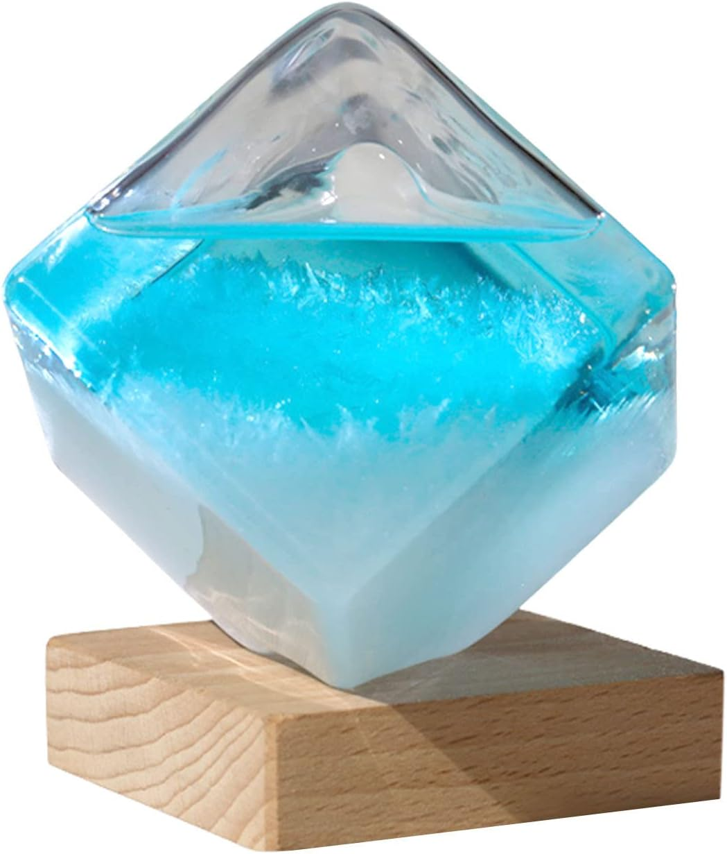 Water Cube Shape Weather Bottle with Wooden Base | Storm Glass Weather Station | Barometer Glass - Large Cube Weather Predictor | Practial Desk Ornament for Home, Desk, Birthday image number 2