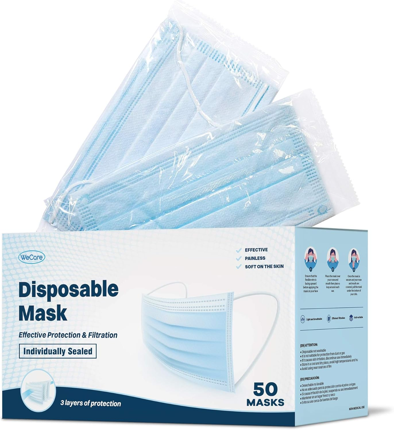 Wecare Individually Wrapped Disposable Face Masks - 50 Pack, Blue - Soft on Skin - 3 Ply Protectors with Elastic Earloops - Latex Free, Non Woven, Single Use - Effective Filtration - Retail Packaging image number 4