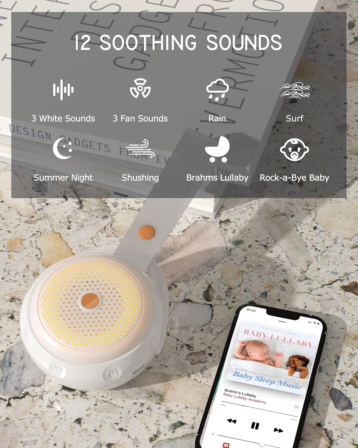 Elesories S2 White Noise Machine, Portable Sound Machine for Babies,12 Soothing Sounds, Adjustable LED Light, Child Lock, Wireless Speaker, up to 72 Hours Battery Life-Soothing Baby, Better Sleep