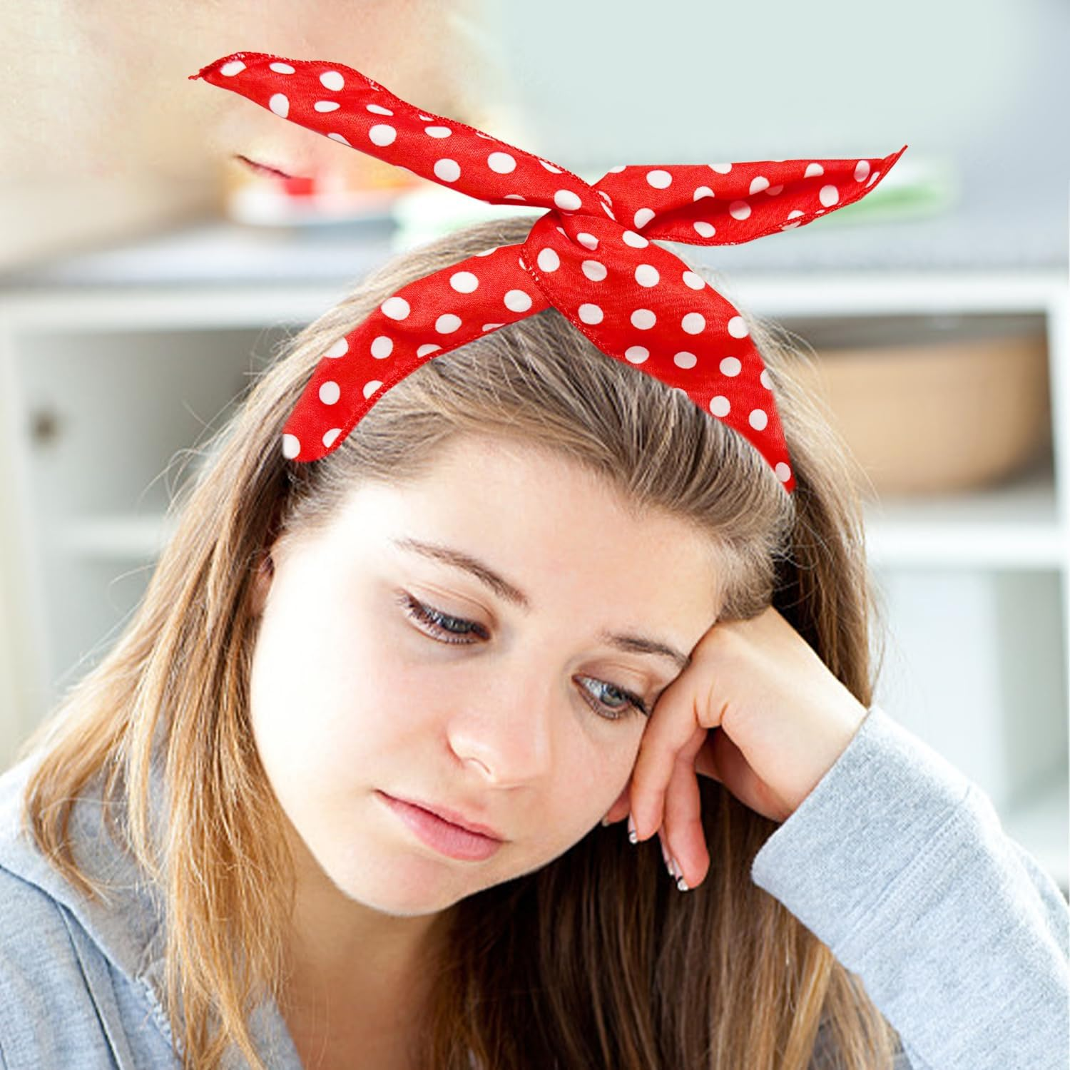 NYGGTYK 2 Pieces Rock 'N' Roll Headbands Polka Dot Headbands Retro Wire Hair Bands Headband Bows Headscarf Hair Accessories 50S 90S Style Women Hair Accessories image number 3