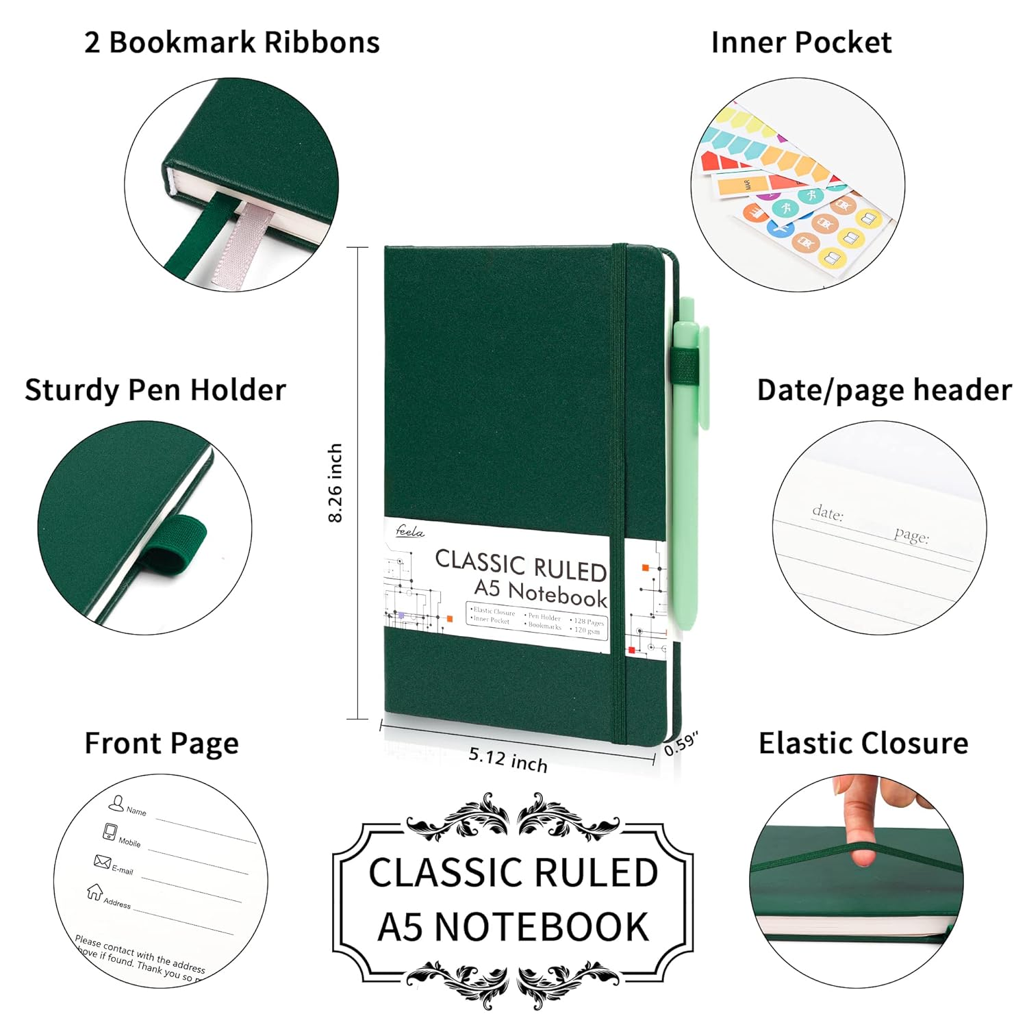 Feela 3 Pack Notebook Journals Bulk with 3 Black Pens, A5 Hardcover Notebooks Classic Ruled Lined Journal Set with Pen Holder for Work Business Journaling Note Taking, 120 GSM, 5.1&rdquo;X8.3&rdquo;, Dark Green image number 1