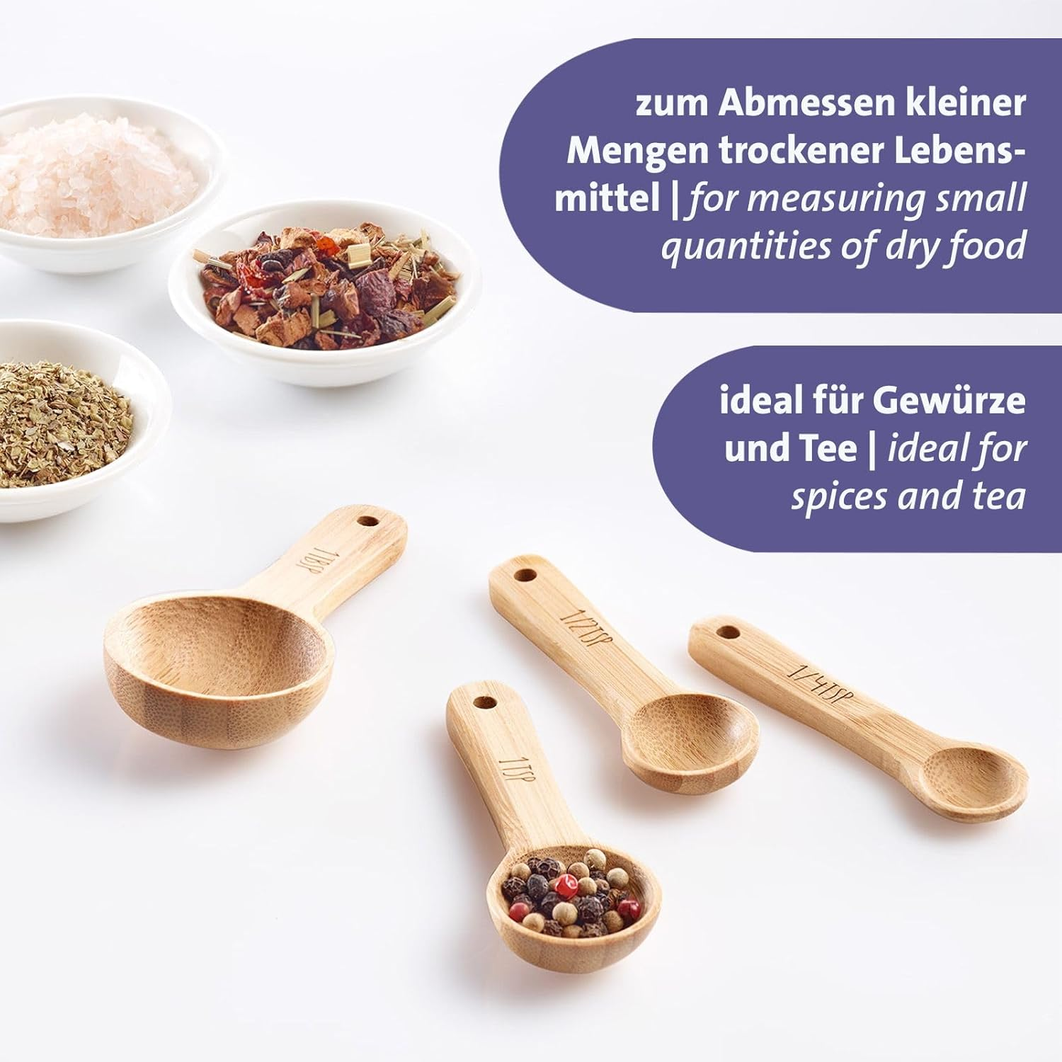 Westmark Woody Measuring Spoons Set - 4 Premium Measuring Spoons with Lettering, Ideal for Dry Ingredients and Spices, 1, 1/2 and 1/4 Teaspoon plus 1 Tbsp - Bamboo, Set of 4 image number 3