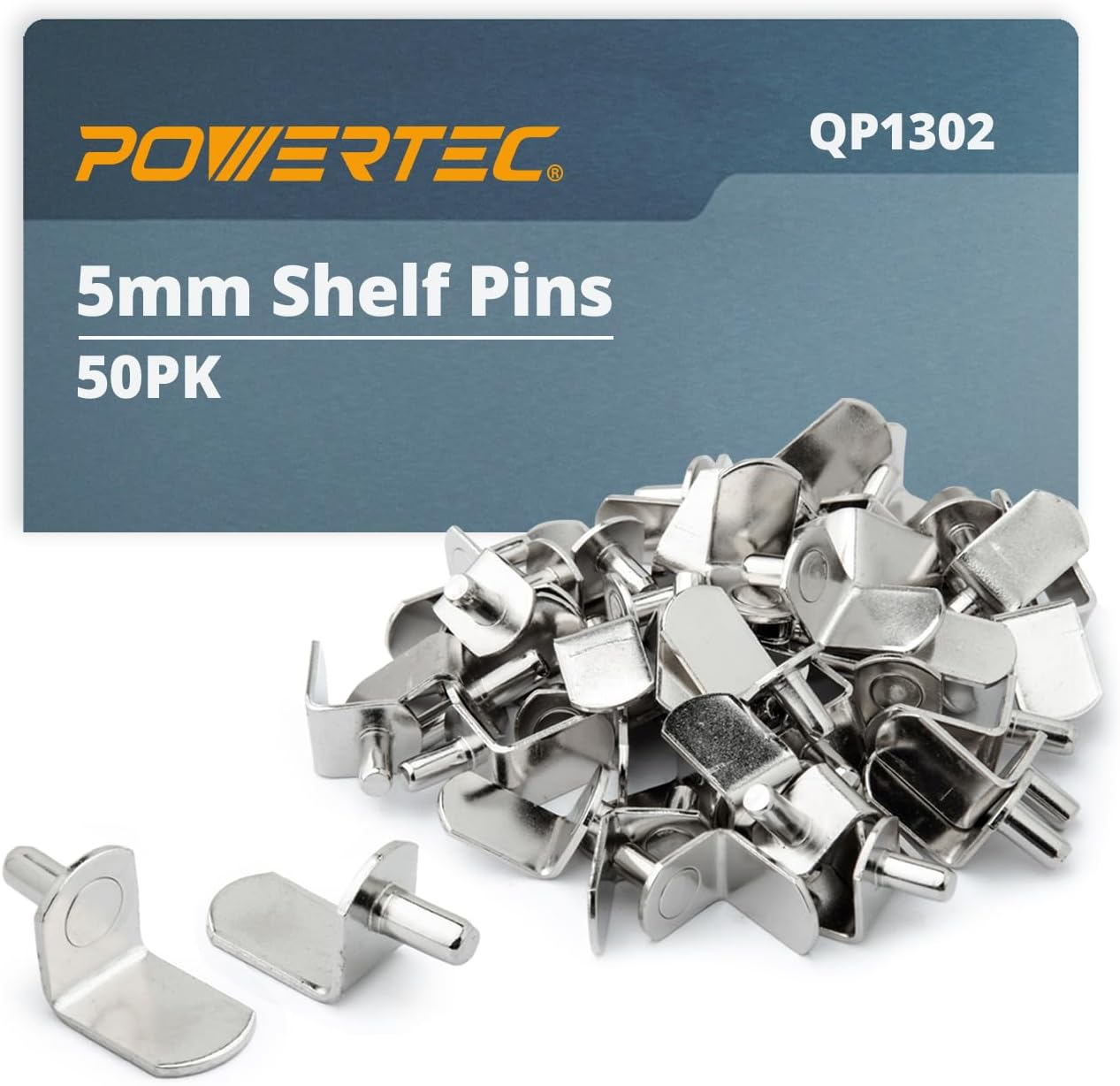 POWERTEC QP1302 5Mm Shelf Pins, L- Shaped Bracket Style, 5 Mm, Nickel