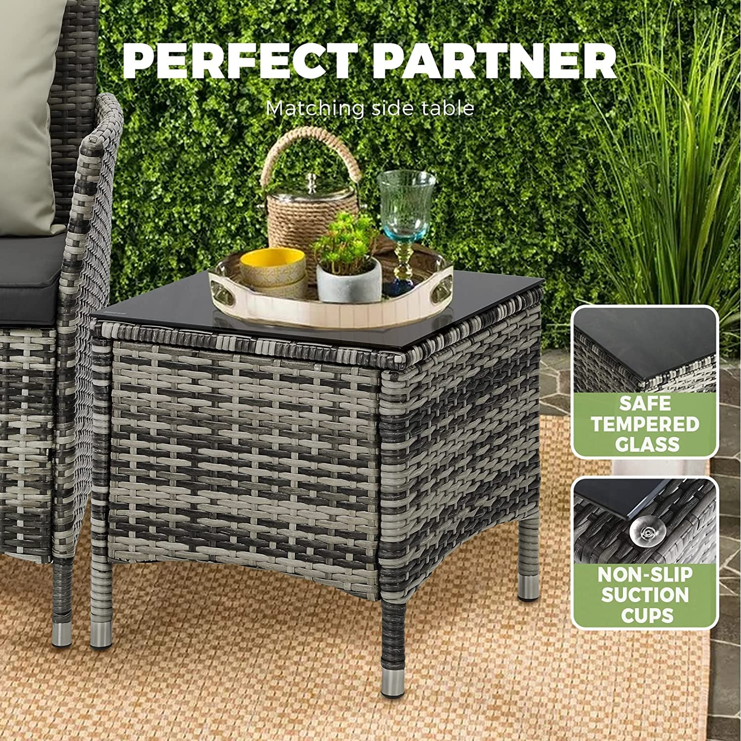 Livsip 3Pcs Outdoor Furniture Table and Chairs with Pillow Grey - Busttro-3Pcs-Black image number 7