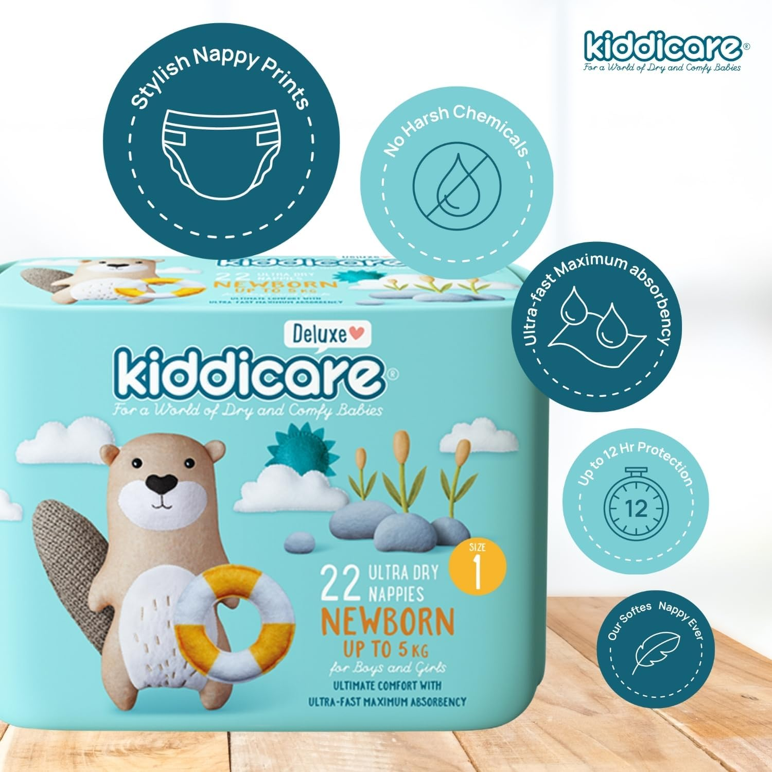 Kiddicare Deluxe Newborn Baby Nappies, Size 1 (Up to 5Kg), 22-Count, Pack of 1, Ultra-Fast 12-Hour Absorption, Leak Protection, Anti-Rash, Stretchy Sides for Better Fit, Soft & High Absorbent image number 3
