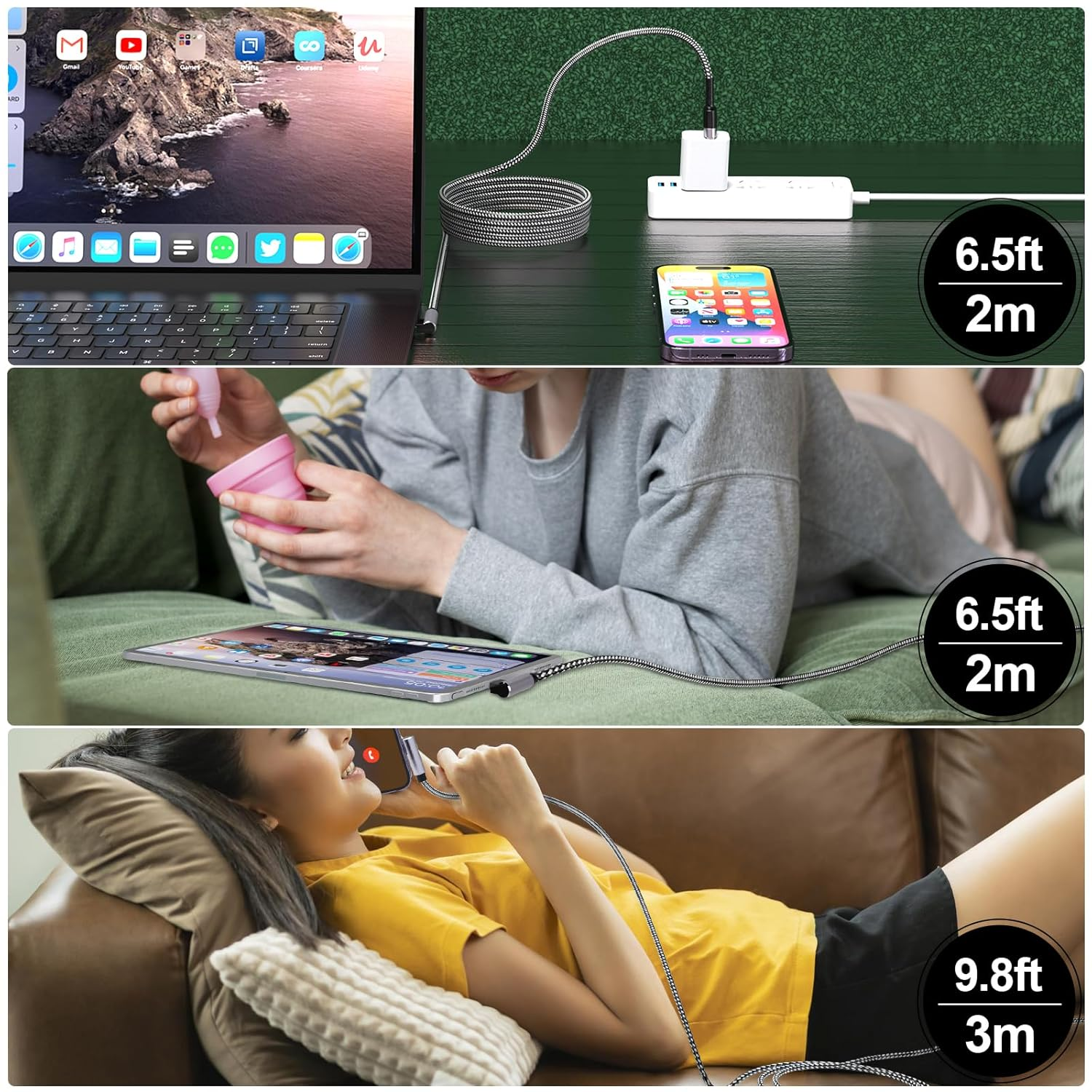 Long Iphone Charging Cable, [3Pack 2M+2M+3M] 90 Degree Right Angle USB a to Light Ning Cable, Nylon Braided 6FT 10FT Long Fast Charger Cord for Iphone 14 13 12 11 Pro Max Xs Xr X 8 7 6 plus SE Ipad image number 1