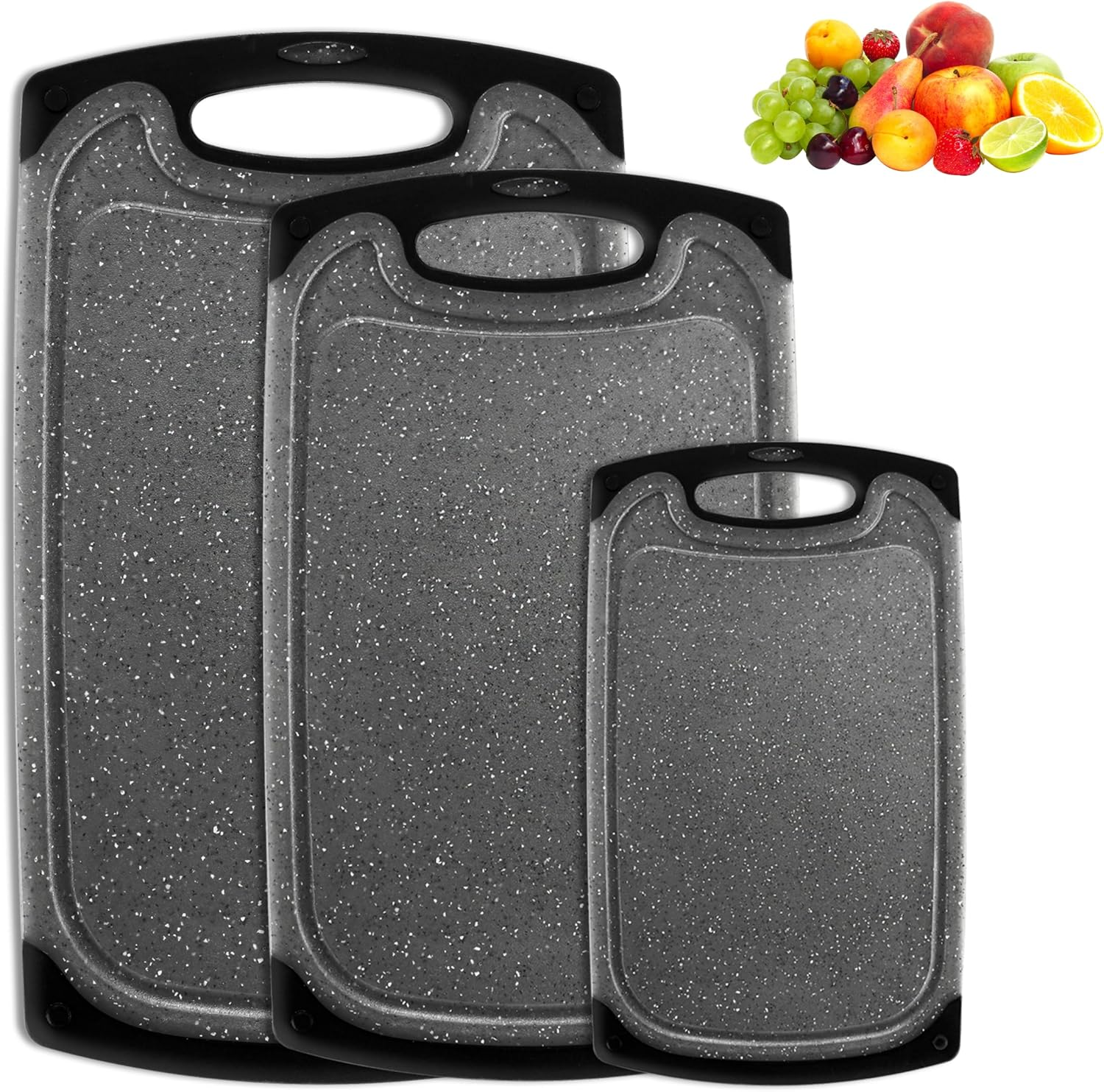 BEWOS 3 Piece Non-Slip Chopping Board Set (S/M/L) with Grinding Zone - Premium Cutting Boards Featuring Hangable Handles Secure, Deep Juice Groove & Multi-Surface Use for Home to Camping image number 2