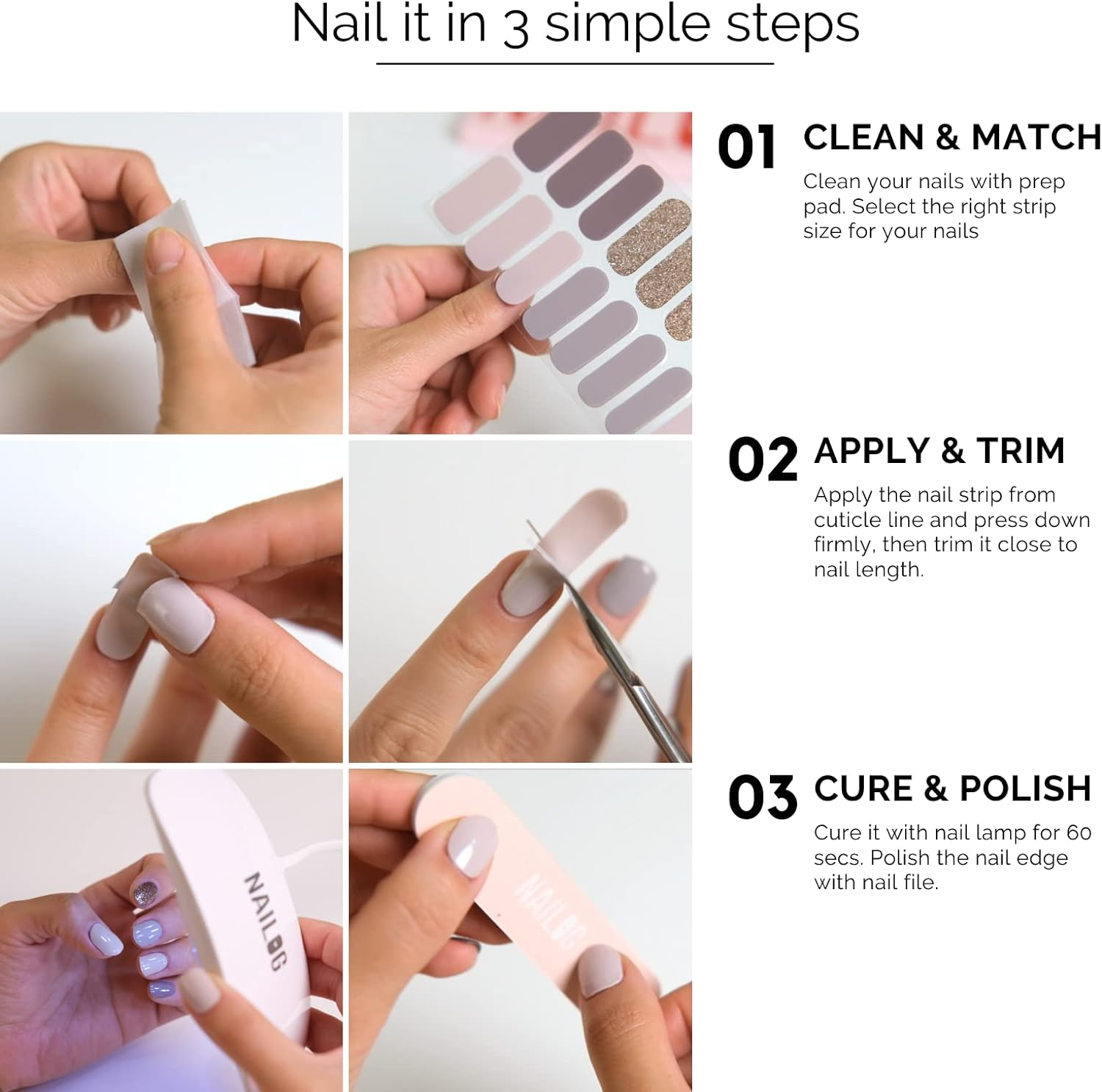 NAILOG Semi Cured Gel Nail Strips, 34Pcs Salon-Quality Gel Nail Stickers, Long Lasting Nail Wraps for Women, Twilight - Drifted image number 6