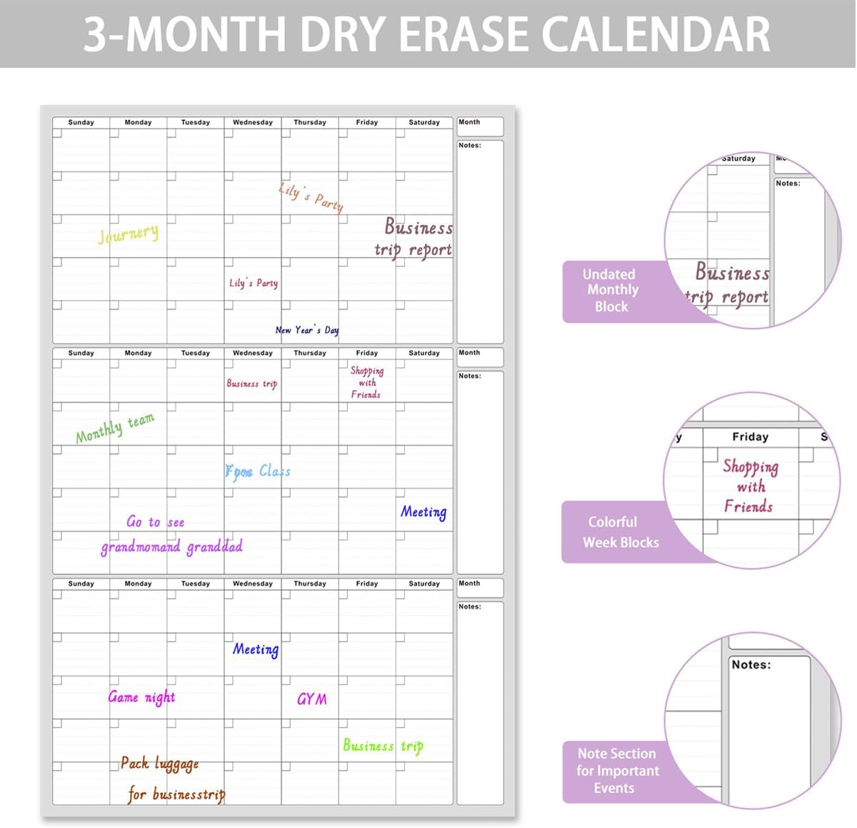 Haakhui Undated 3 Month Dry Erase Wall Calendar Large Monthly Planner with Notes Section, 48" X 32",Waterproof and Stain-Resistant,Good for Home, Office, Classroom, Blank Reusable Calendar Planner image number 3