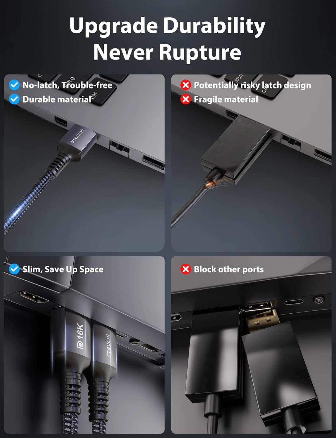 Stouchi 2Pack Display Port Cable 16K 3M 2.1 DP Cable 16K@60Hz 10K@60Hz 8K@60Hz HBR3 4K@60Hz/144Hz 1080P@240Hz 80Gbps Support Freesync G-Sync HDR10 Displayport Cord for Gaming Monitor Graphics Card image number 2