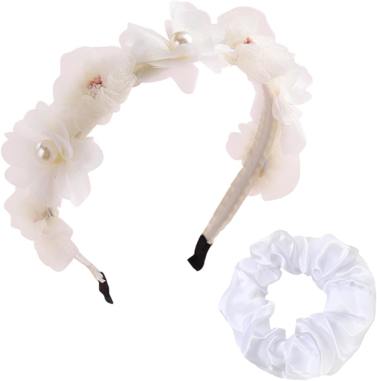 1 X Simulated Flower Headband and 1 X White Hair Ring, Simple and Elee Hair Accessories, Elastic Hair Rings, Cute and Cute Hair Accessories. image number 5