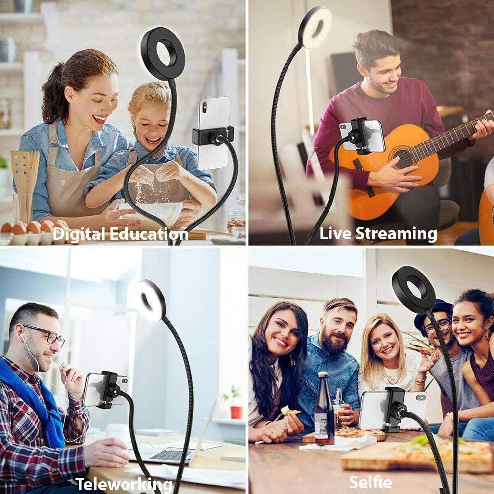 Selfie Ring Light with Gooseneck Stand & Phone Holder, 3 Color 10-Level Dimmable LED Desk Lamp with Clamp, Clip-On Lights with Flexible Arm for Selfie, Web Conference, Live-Streaming, Reading and More image number 6