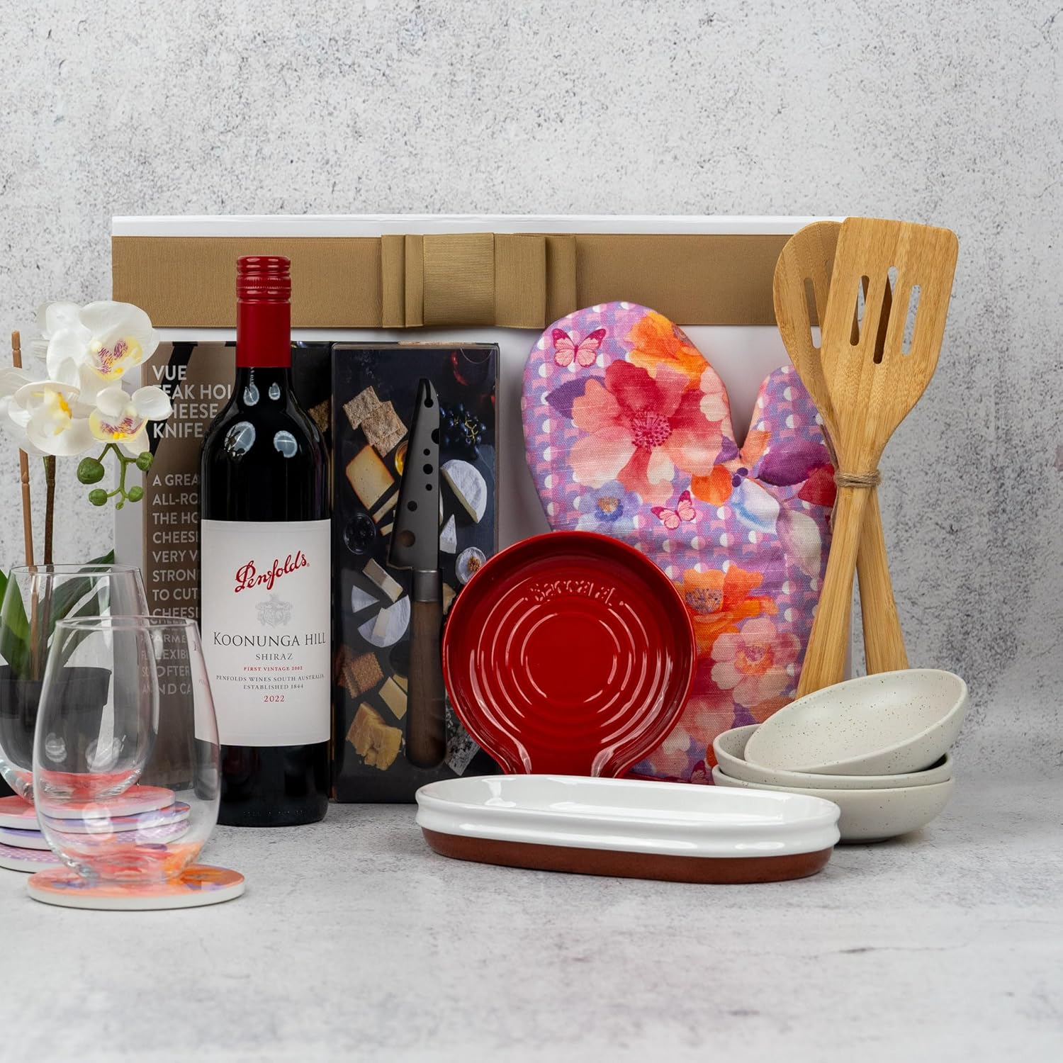 Culinary Essentials Hamper - Gourmet Cooking Enthusiasts with Fine Wines, Kitchen Towels, Spoon Rest, and Oil Bottle - Perfect for Special Occasions and Thoughtful Thank-You Gifts (Popular Red) image number 2