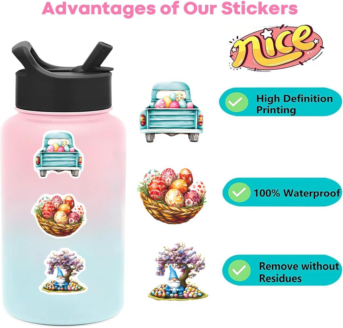 100Pcs Easter Stickers Pack - Bunny Rabbit Designs for Kids, Waterproof Scrapbook Stickers for Water Bottles, Journals, and DIY Crafts image number 4