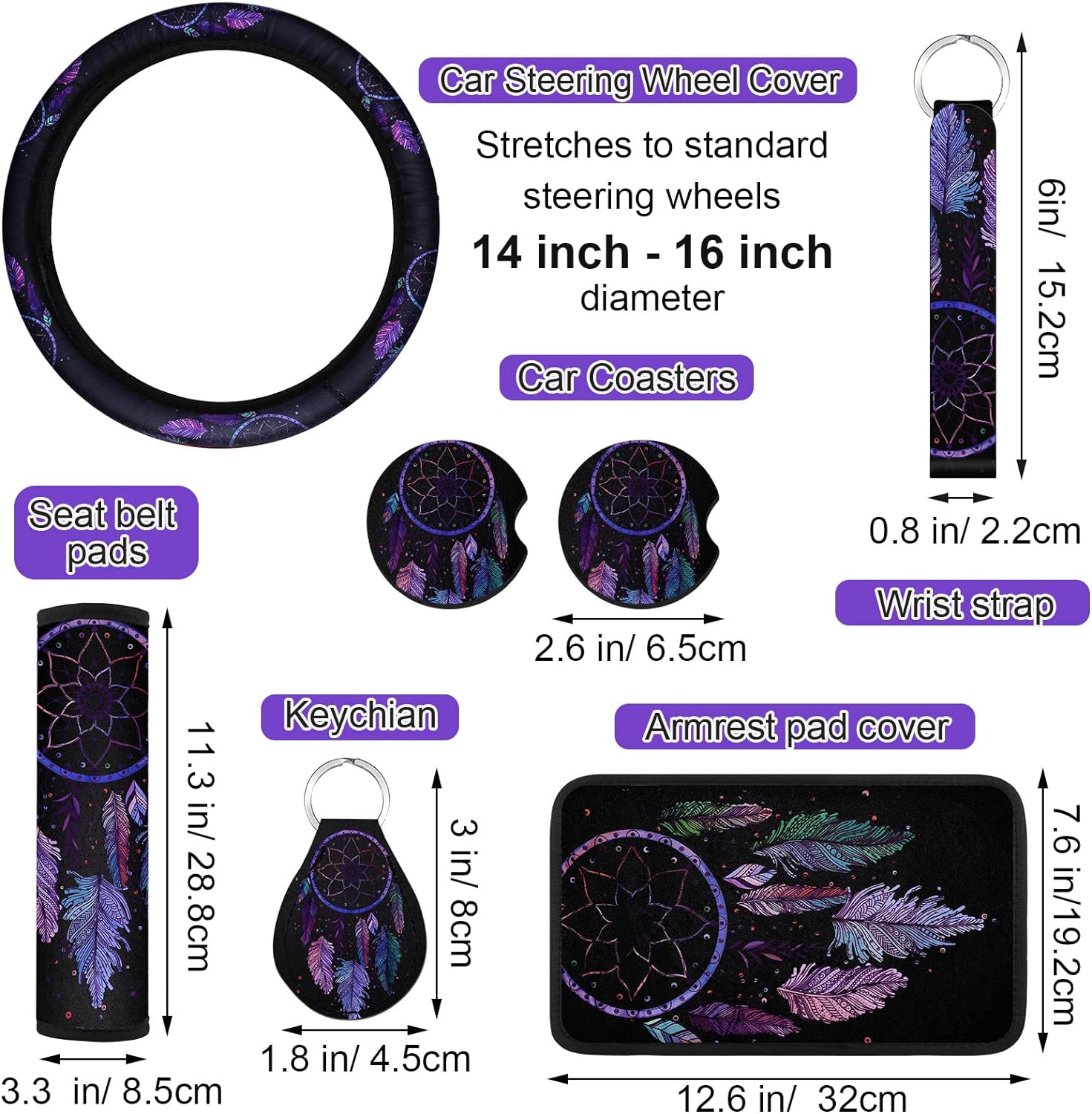 Tallew 10 Pcs Dream Design Car Seat Covers Full Set, Front Cover, Steering Wheel Belt Pads, Center Console Armrest Cup Holder Coasters, Keychain, Key Ring for Truck SUV image number 2